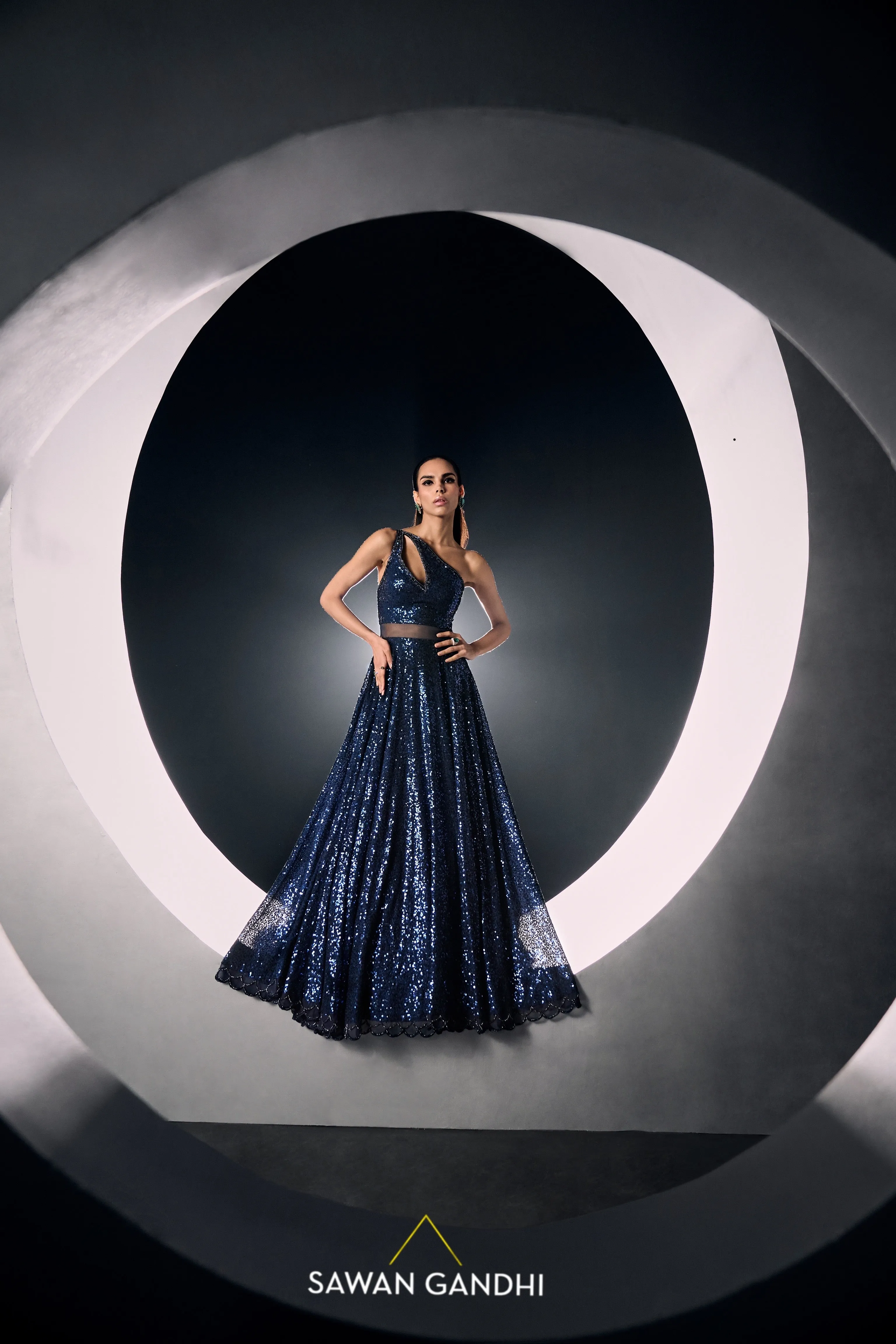 Blue sequins one shoulder gown