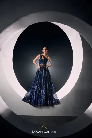 Blue sequins one shoulder gown