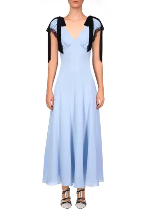 Blue Silk Crepe Bias Dress With Black Velvet Ribbon Bow Detail