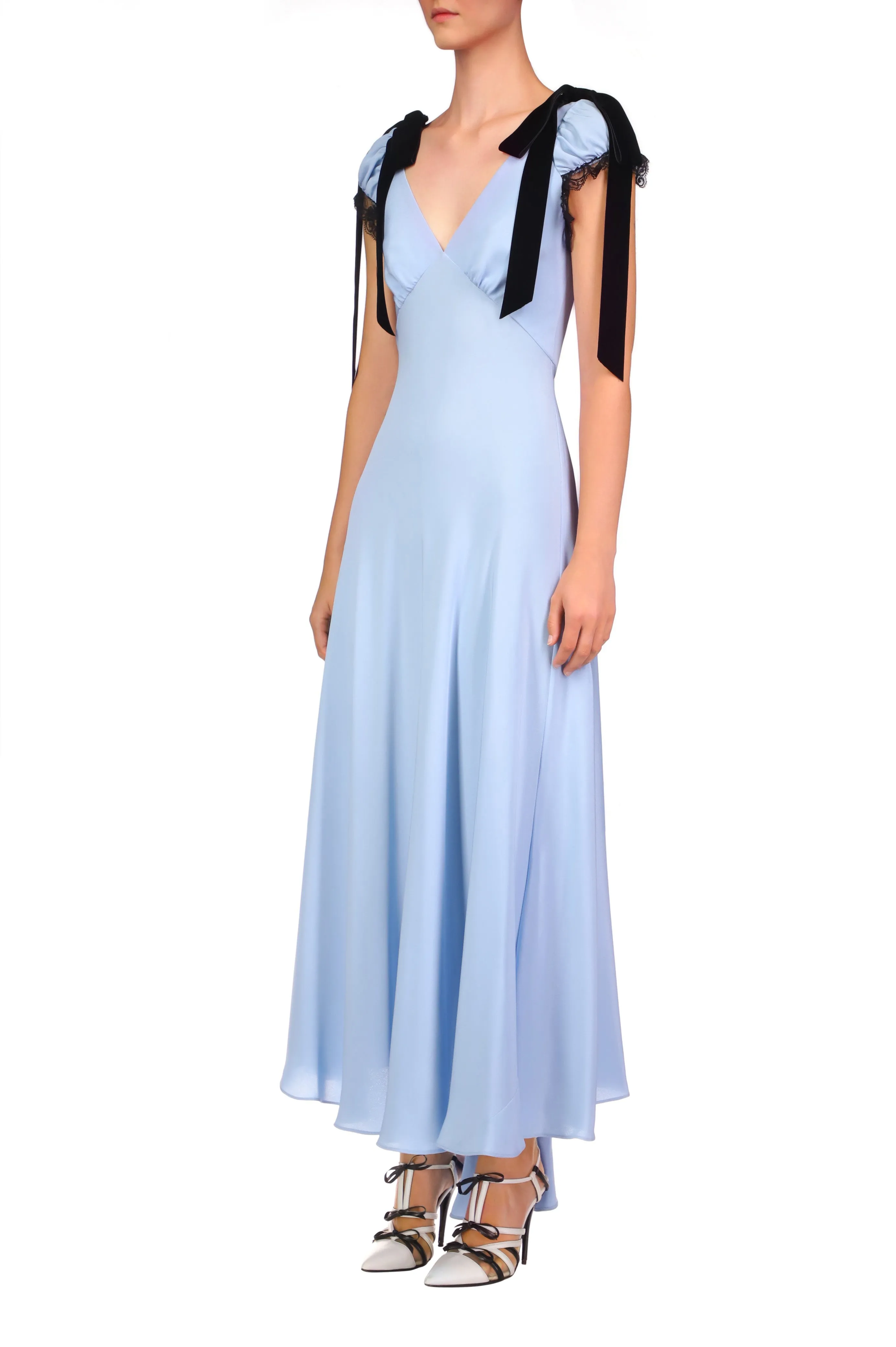 Blue Silk Crepe Bias Dress With Black Velvet Ribbon Bow Detail