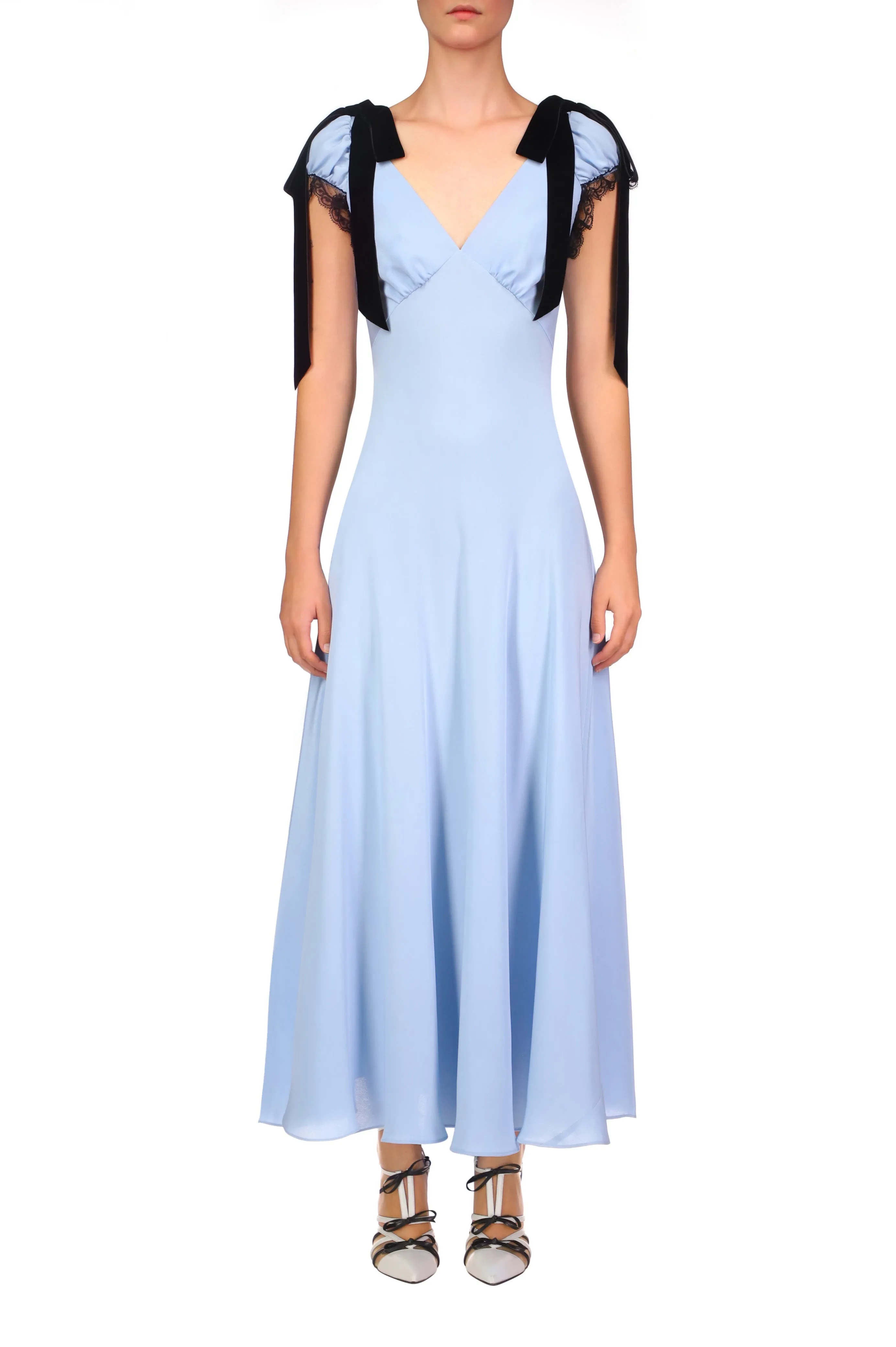 Blue Silk Crepe Bias Dress With Black Velvet Ribbon Bow Detail