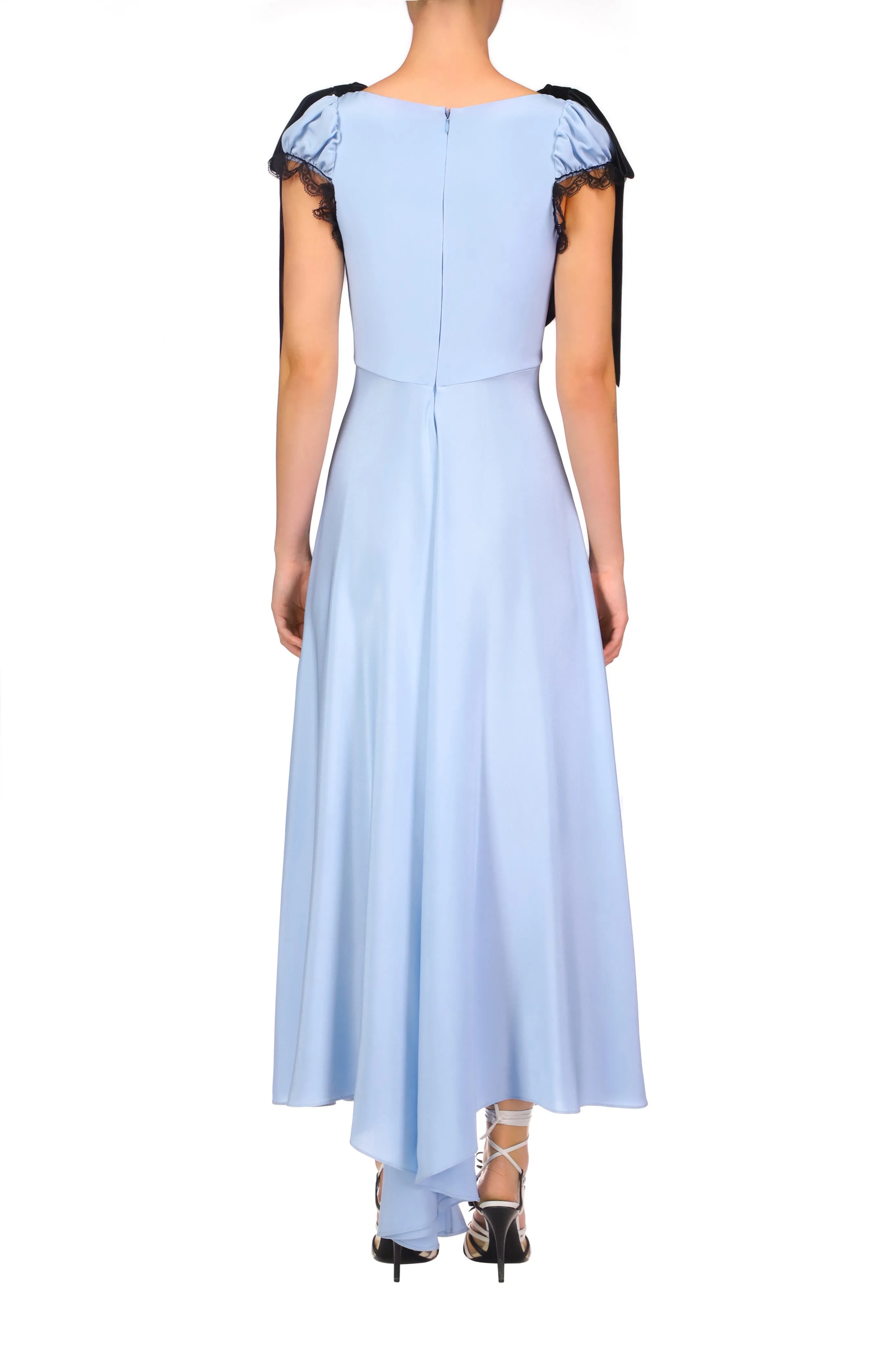 Blue Silk Crepe Bias Dress With Black Velvet Ribbon Bow Detail