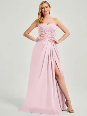 Blush Strapless A-Line Floor-Length Empire Bridesmaid Dress With Slit