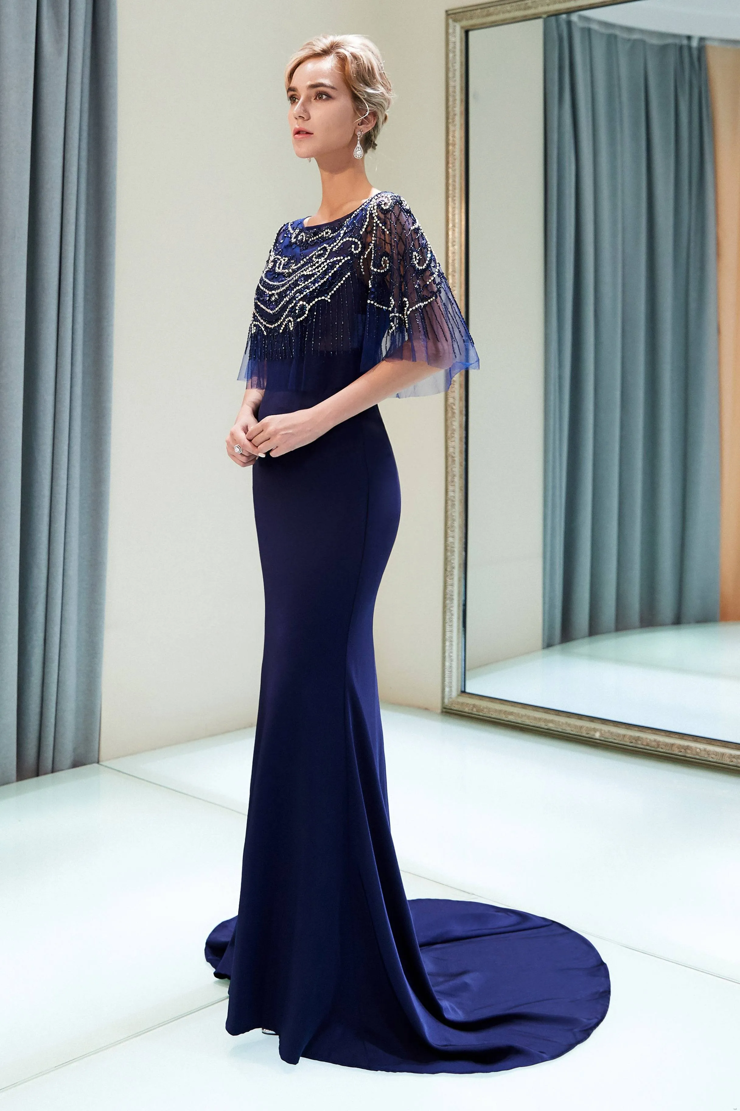 Boat Neck Mermaid Navy Blue Beading Prom Evening Dress