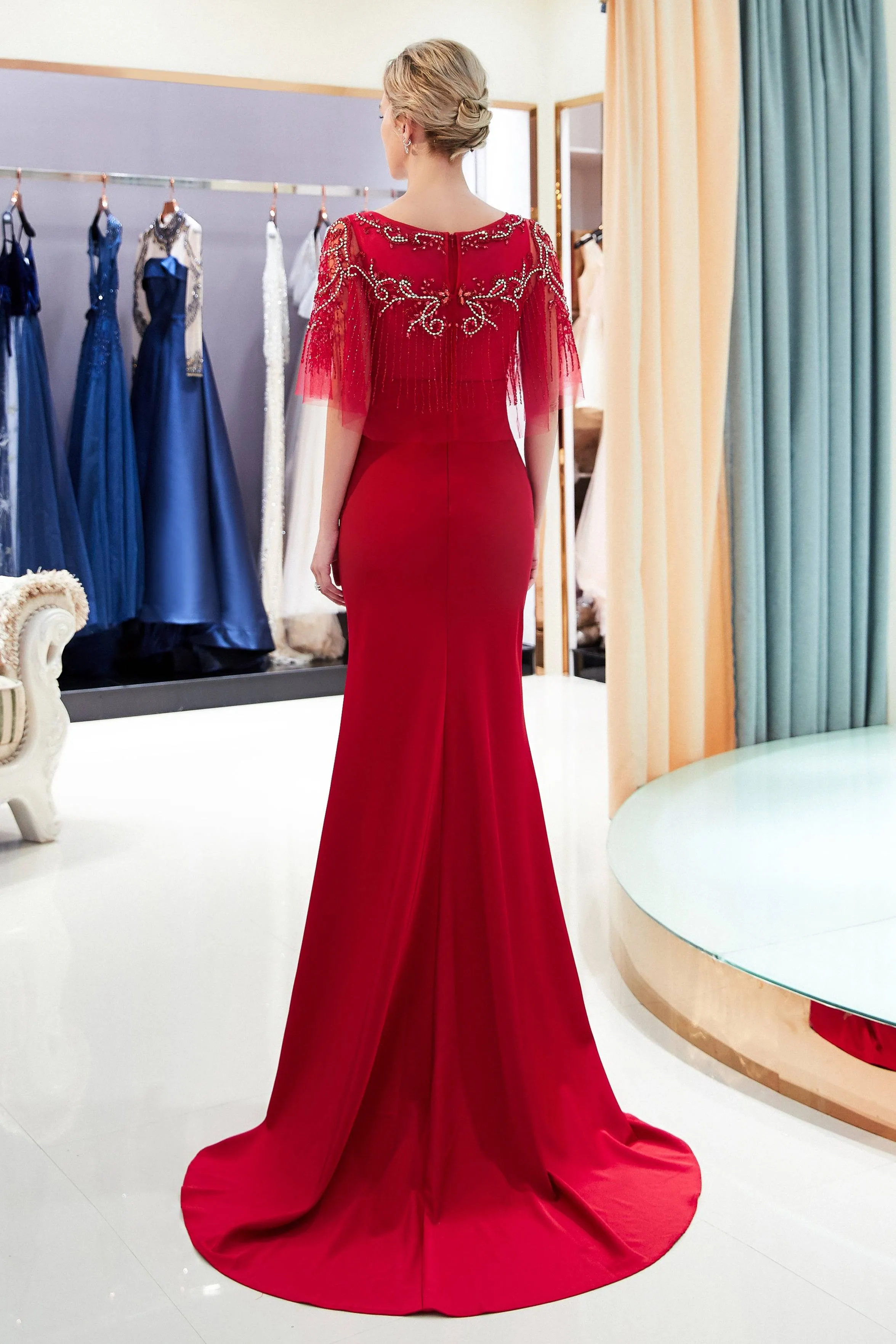 Boat Neck Mermaid Navy Blue Beading Prom Evening Dress