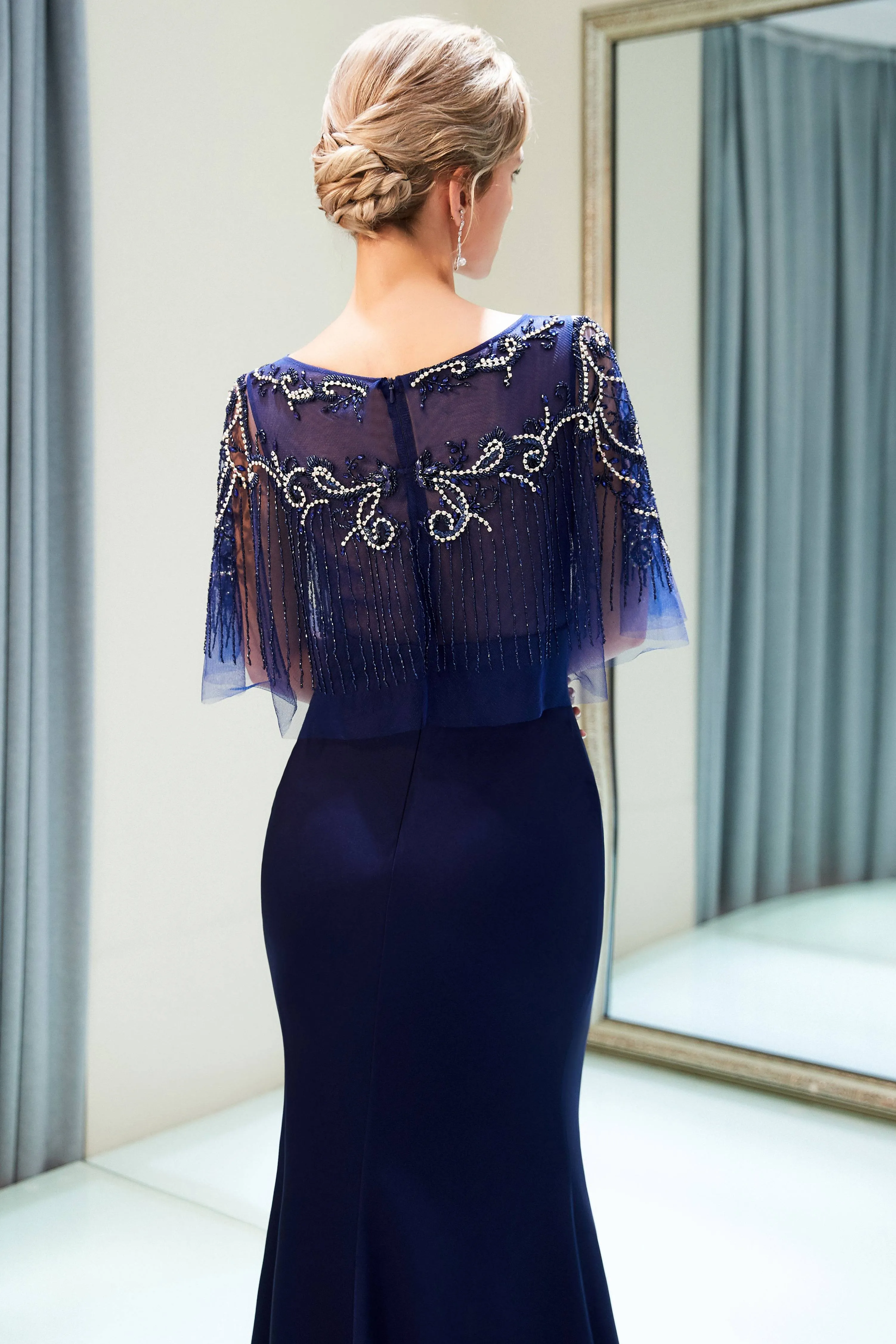 Boat Neck Mermaid Navy Blue Beading Prom Evening Dress