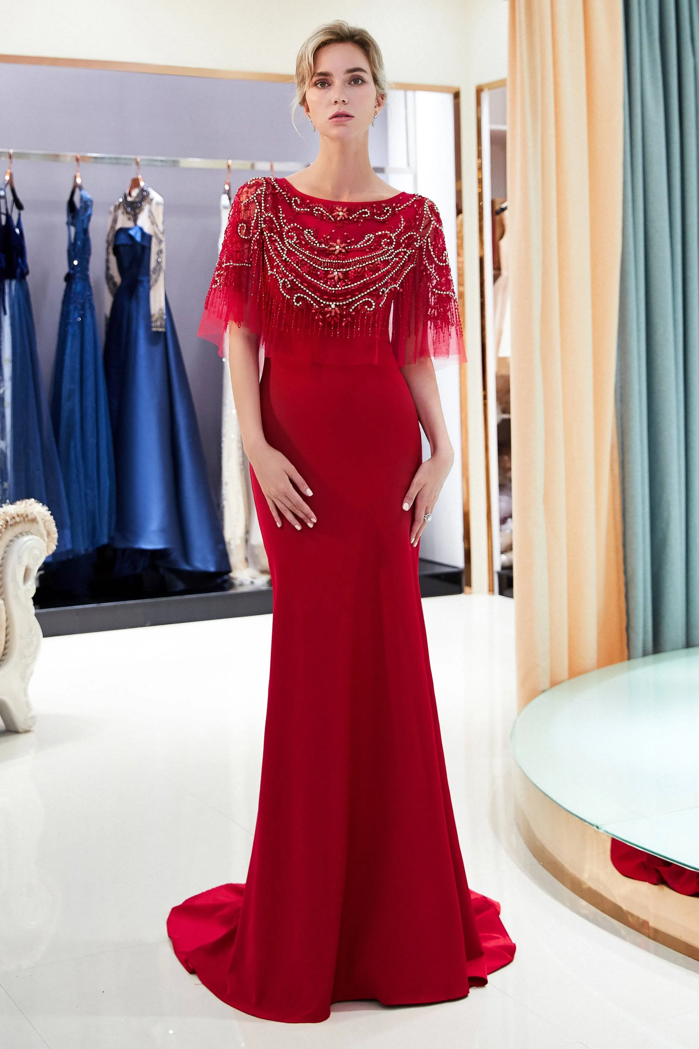 Boat Neck Mermaid Navy Blue Beading Prom Evening Dress
