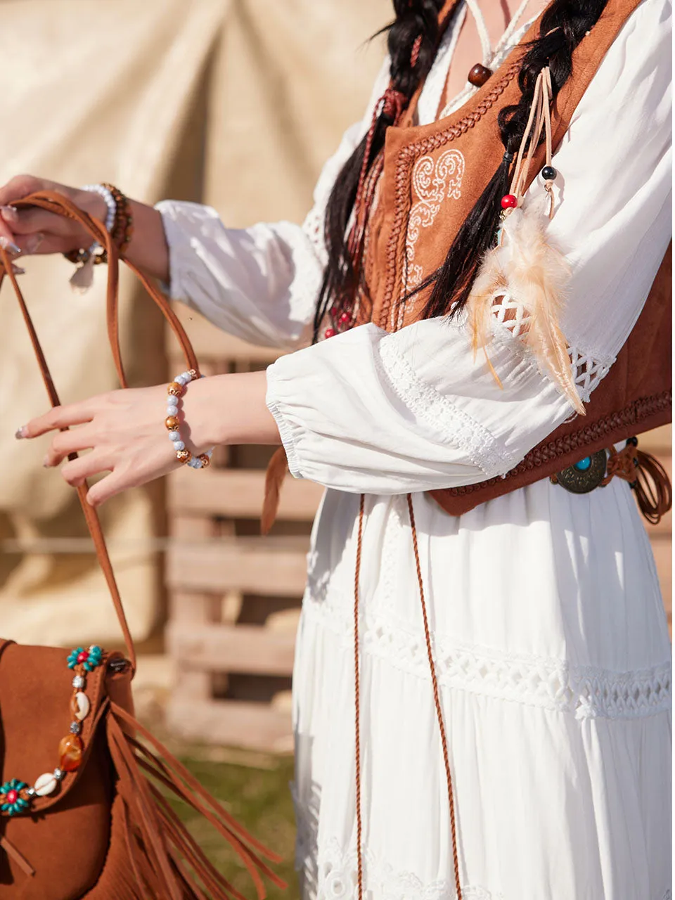 Bohemian White Long-sleeved Cotton Tassel Maxi Dress with Suede Embroidered Vest Boho Suit
