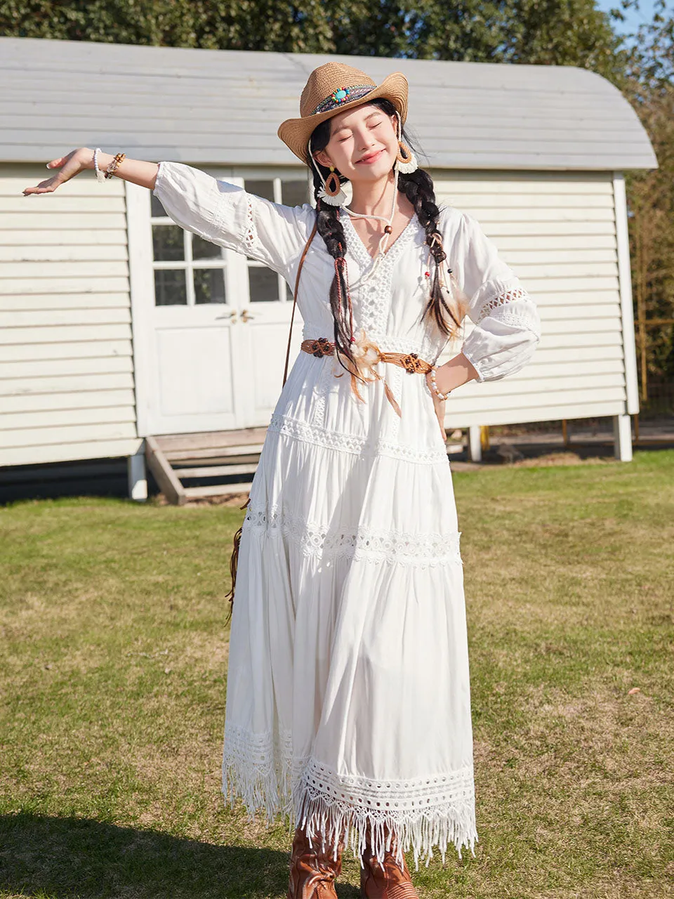 Bohemian White Long-sleeved Cotton Tassel Maxi Dress with Suede Embroidered Vest Boho Suit