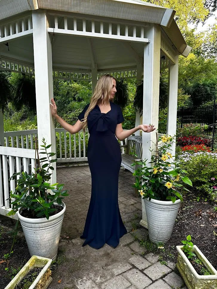 Bow Detail Crepe Gown in Navy