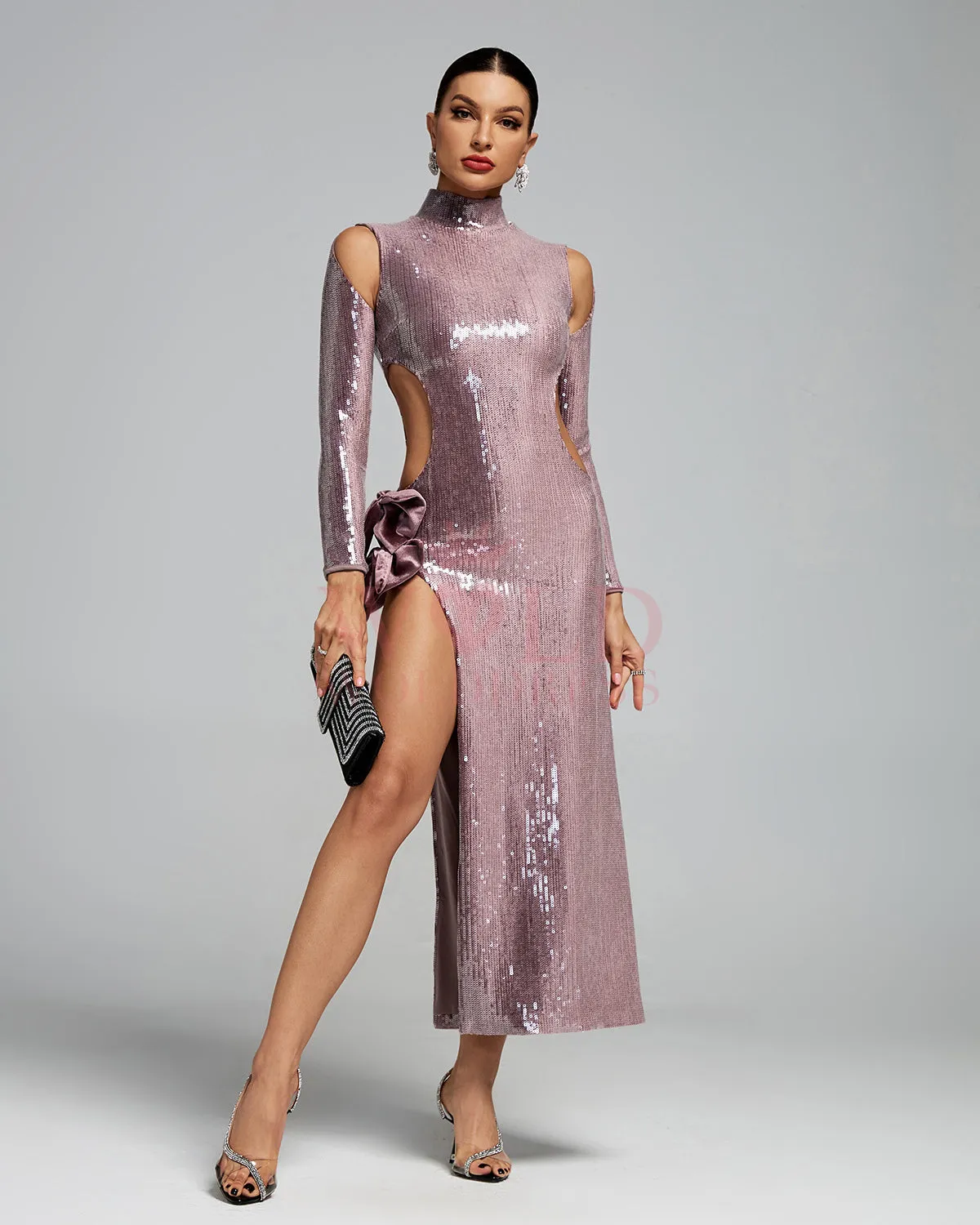 Bow-Detail Cutout Sequins Evening Gown