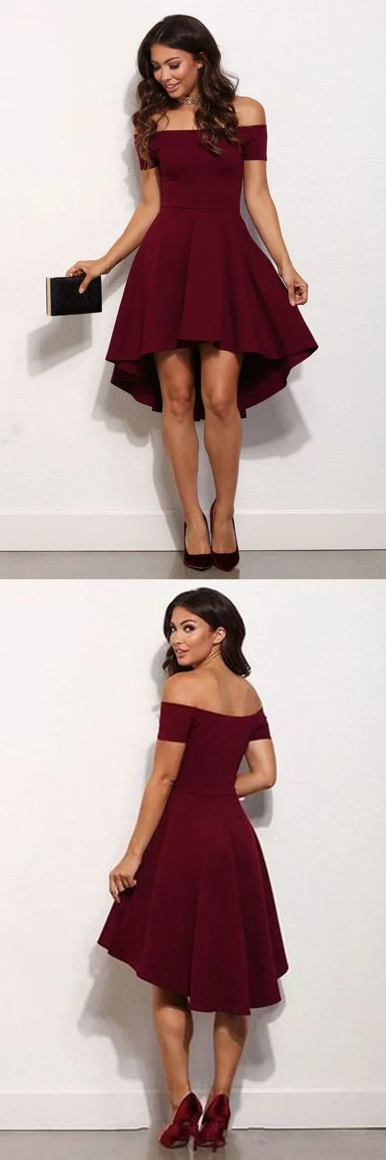 Burgundy Off the Shoulder High Low Simple Cheap Homecoming Dresses, BH102