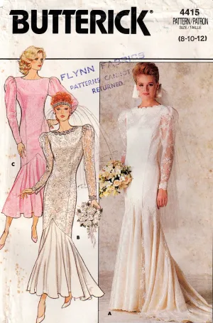 Butterick 4415 Womens Puff Sleeved Mermaid Hem Wedding or Bridesmaids Dress 1980s Vintage Sewing Pattern Size 8 - 12 UNCUT Factory Folded