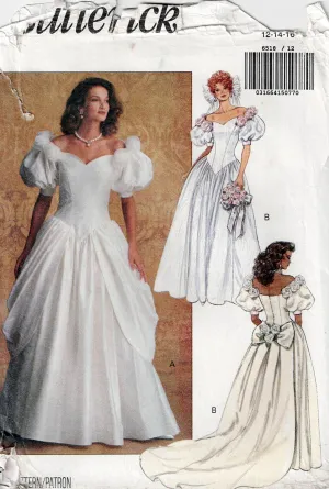 Butterick 6518 Womens Puff Sleeved Full Skirt Wedding Dress with Boned Bodice & Detachable Train 1990s Vintage Sewing Pattern Size 12 - 16 UNCUT Factory Folded
