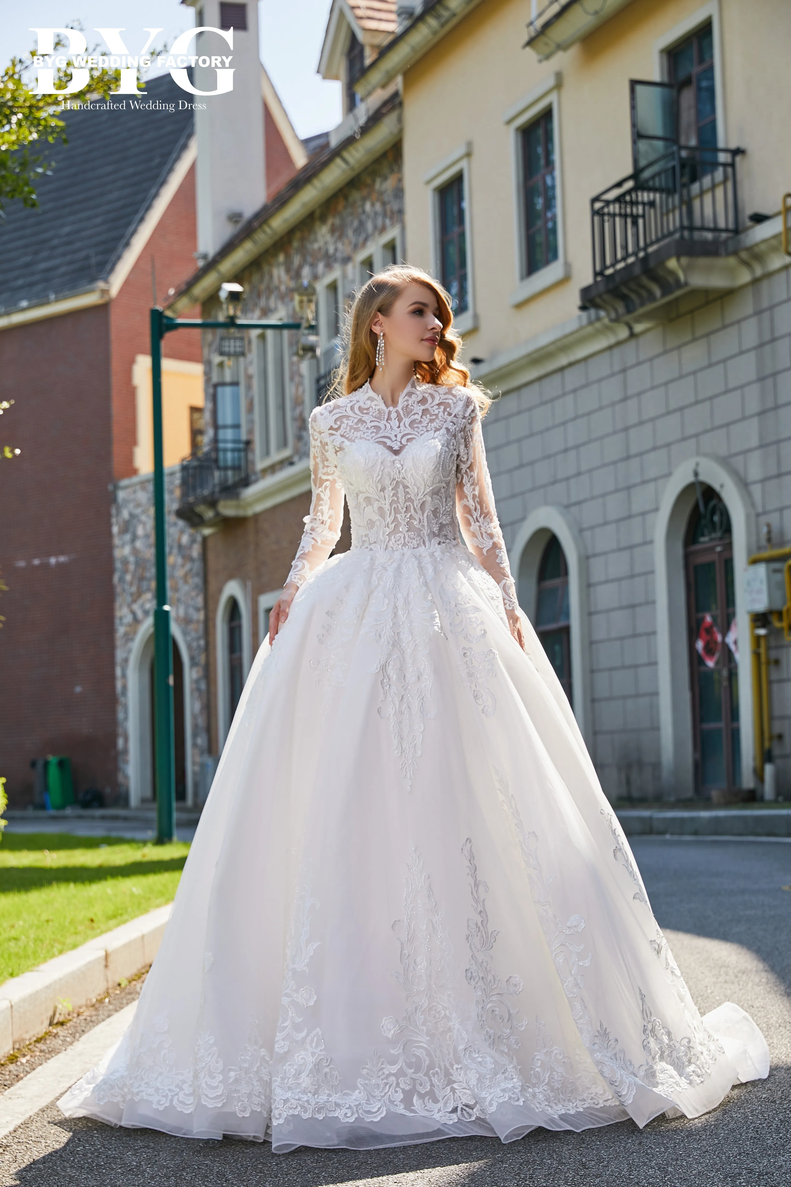 BYG #29764 high neck musilim long sleeves lace wedding dress