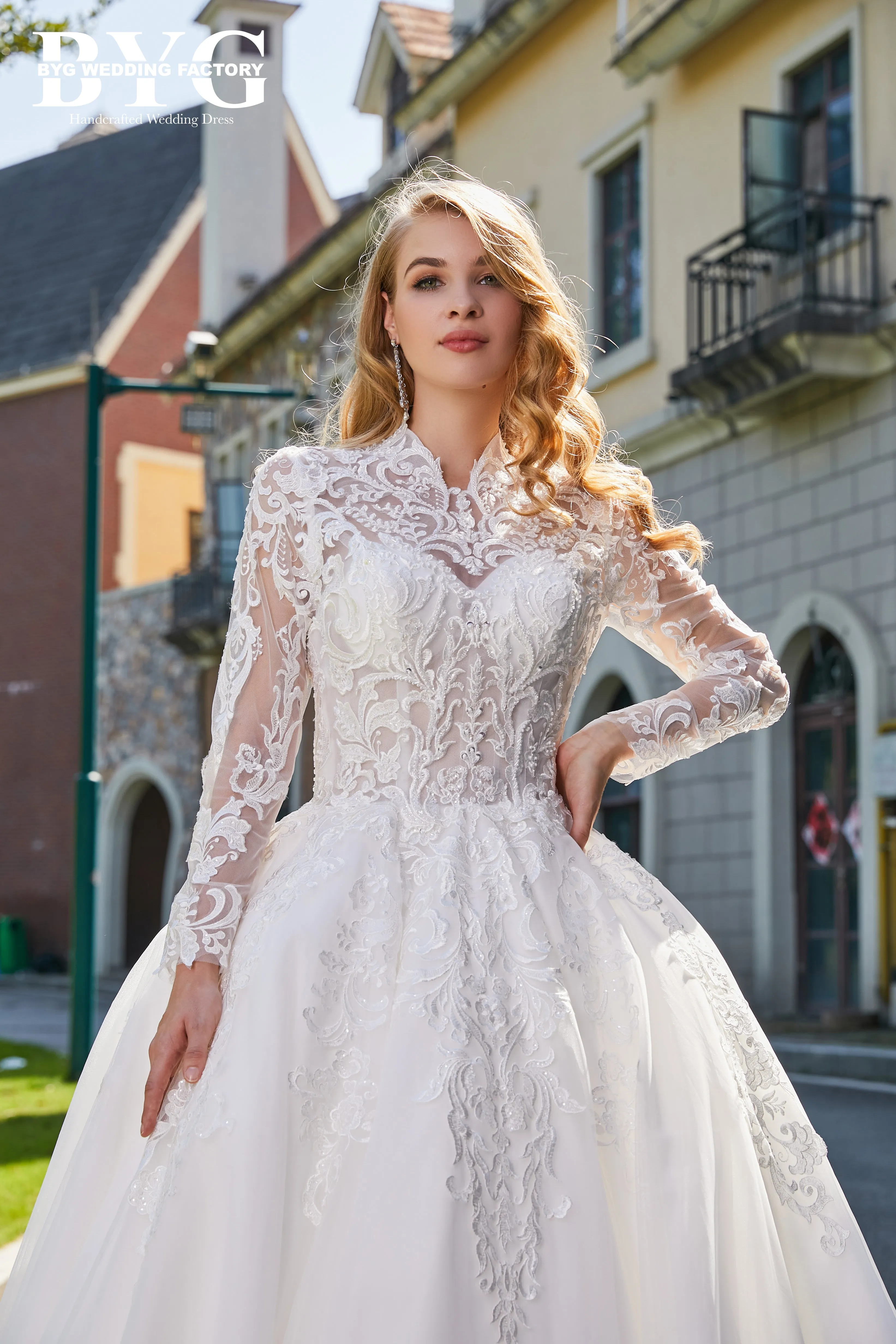 BYG #29764 high neck musilim long sleeves lace wedding dress