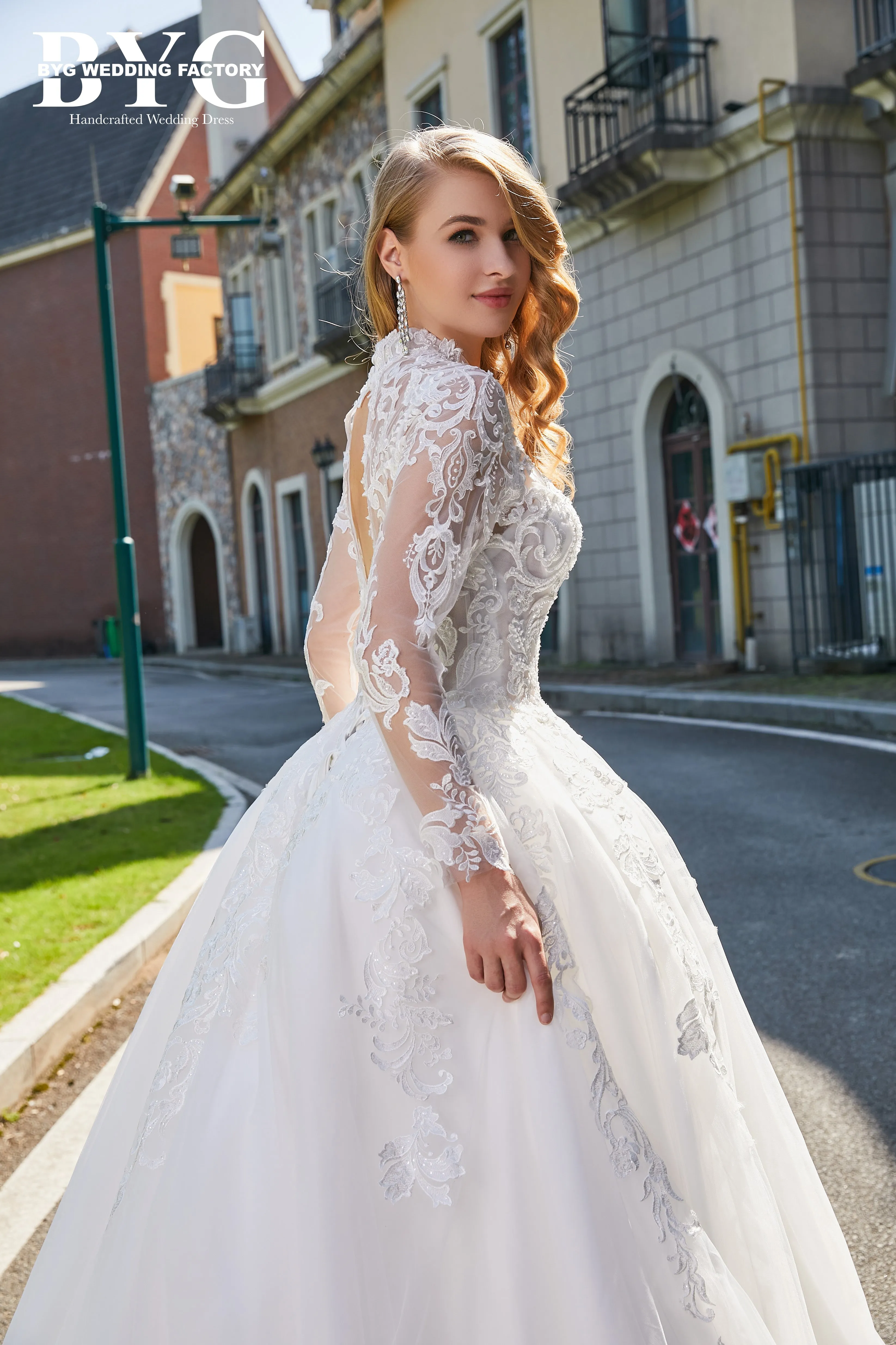 BYG #29764 high neck musilim long sleeves lace wedding dress