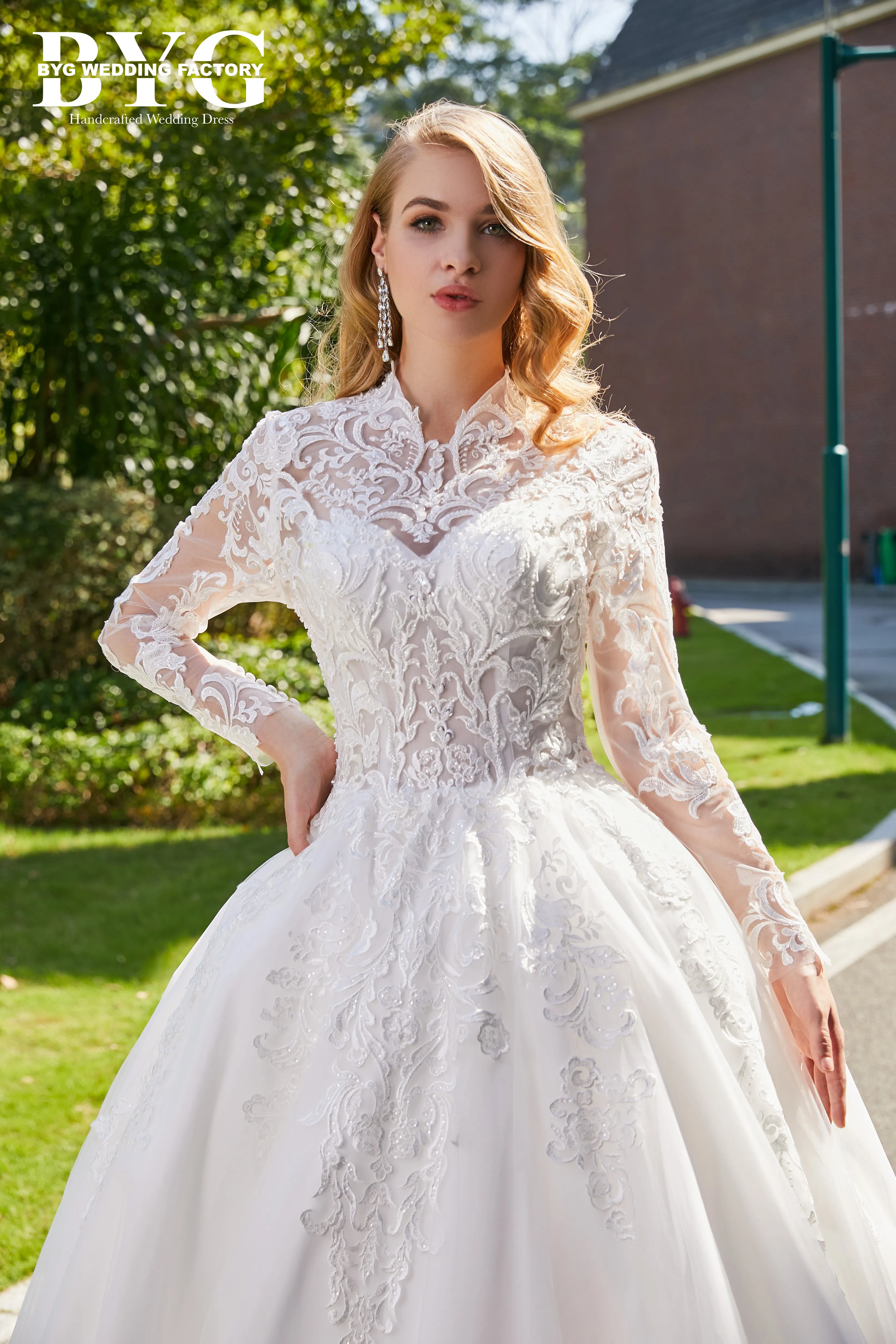 BYG #29764 high neck musilim long sleeves lace wedding dress
