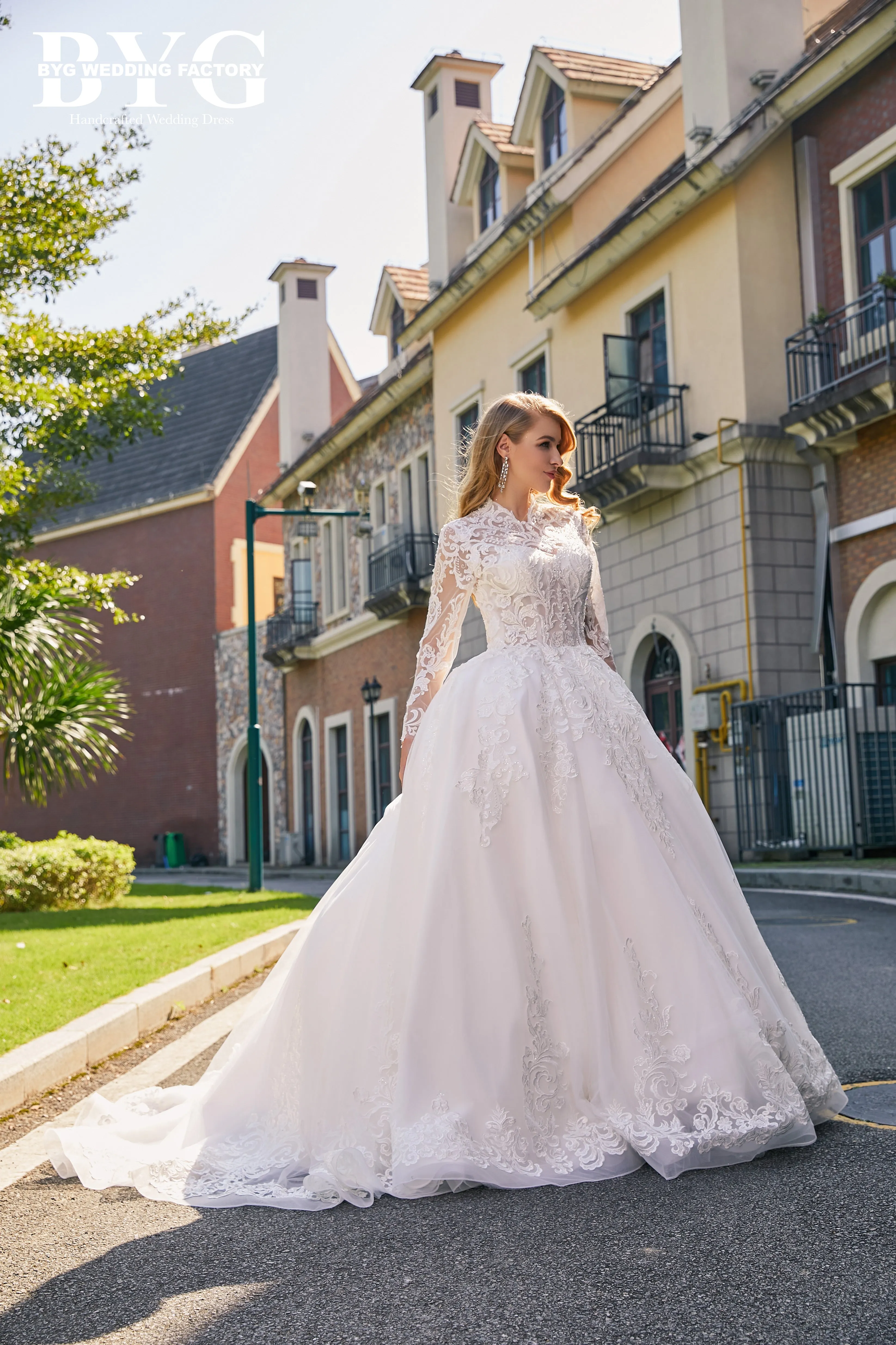 BYG #29764 high neck musilim long sleeves lace wedding dress