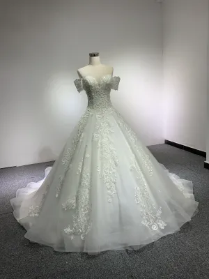 BYG chapel train off the shoulder lace wedding gown