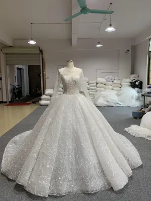 BYG high quality lace flower long sleeves wedding gown