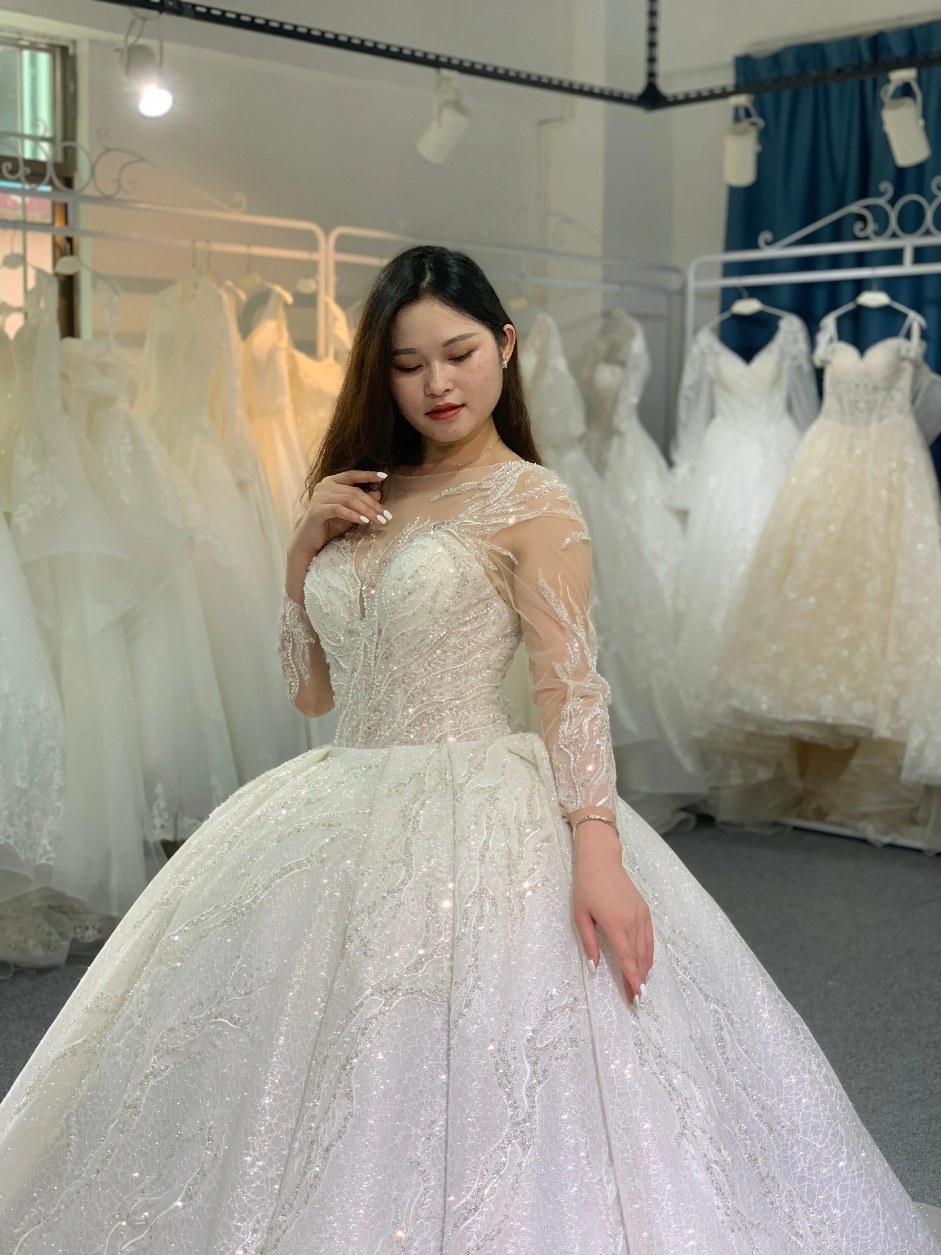 BYG luxury glitter long sleeves wedding dress