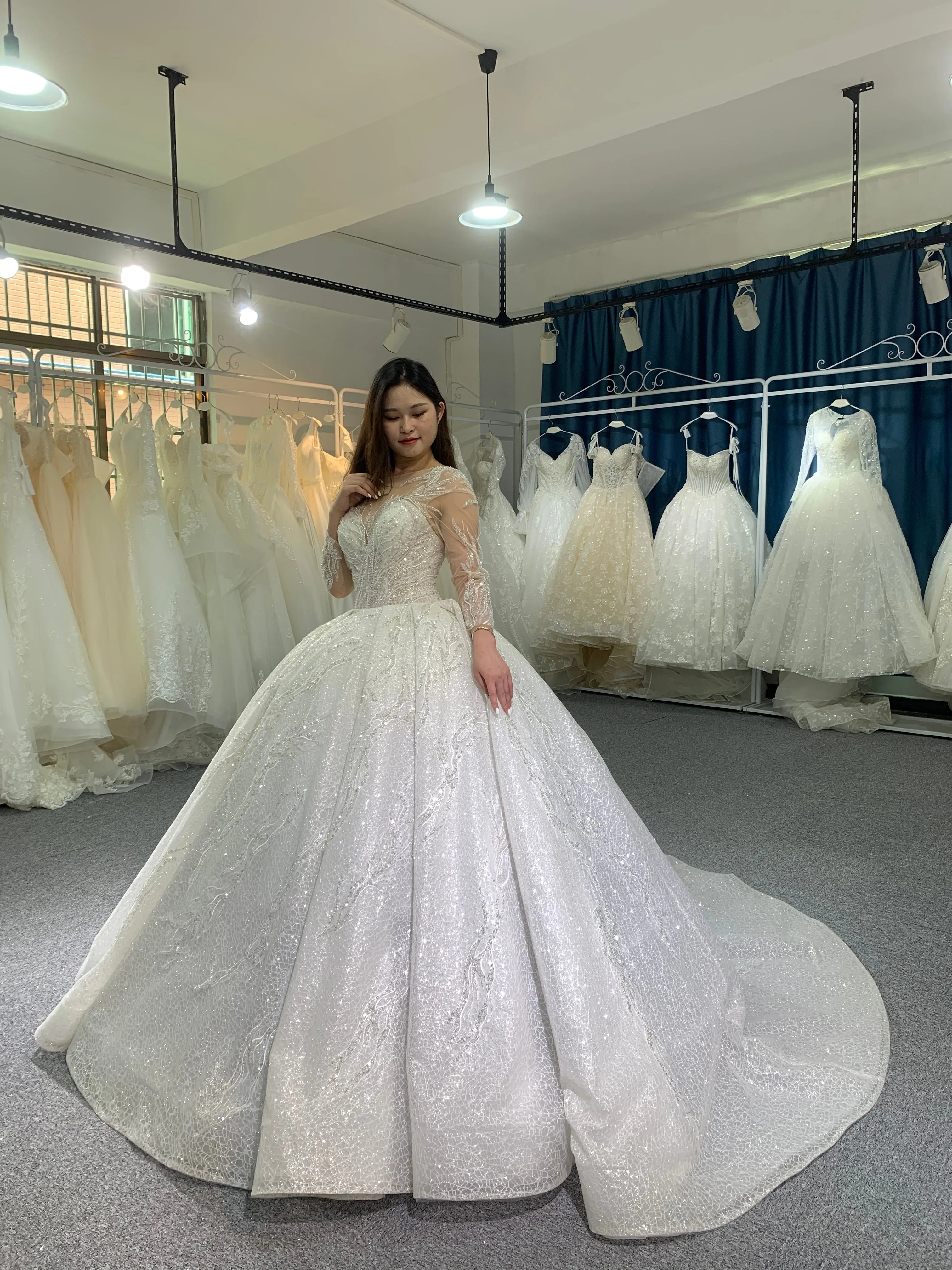 BYG luxury glitter long sleeves wedding dress