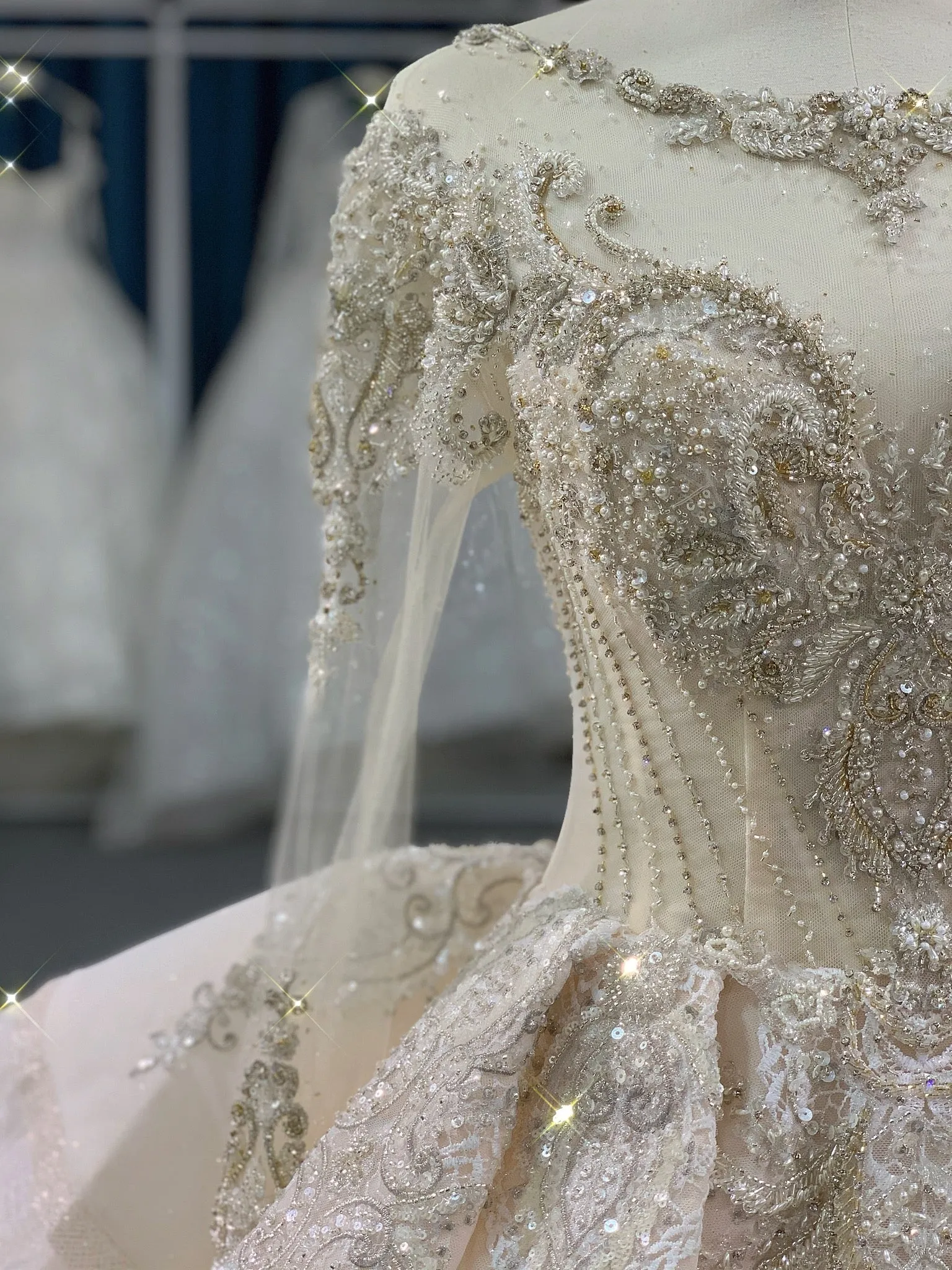 BYG luxury stunning heavy beadings wedding dress with cathedral train