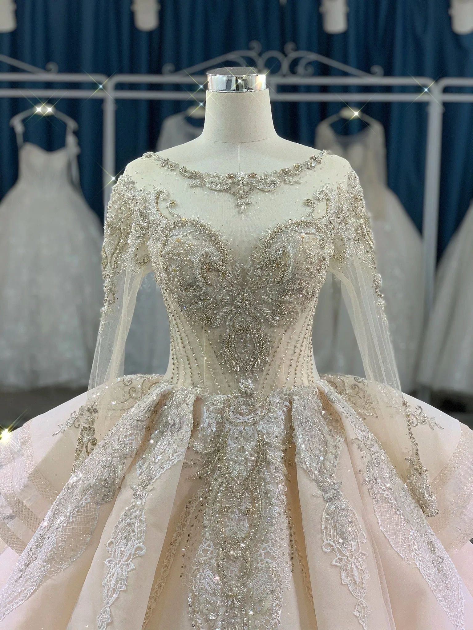 BYG luxury stunning heavy beadings wedding dress with cathedral train