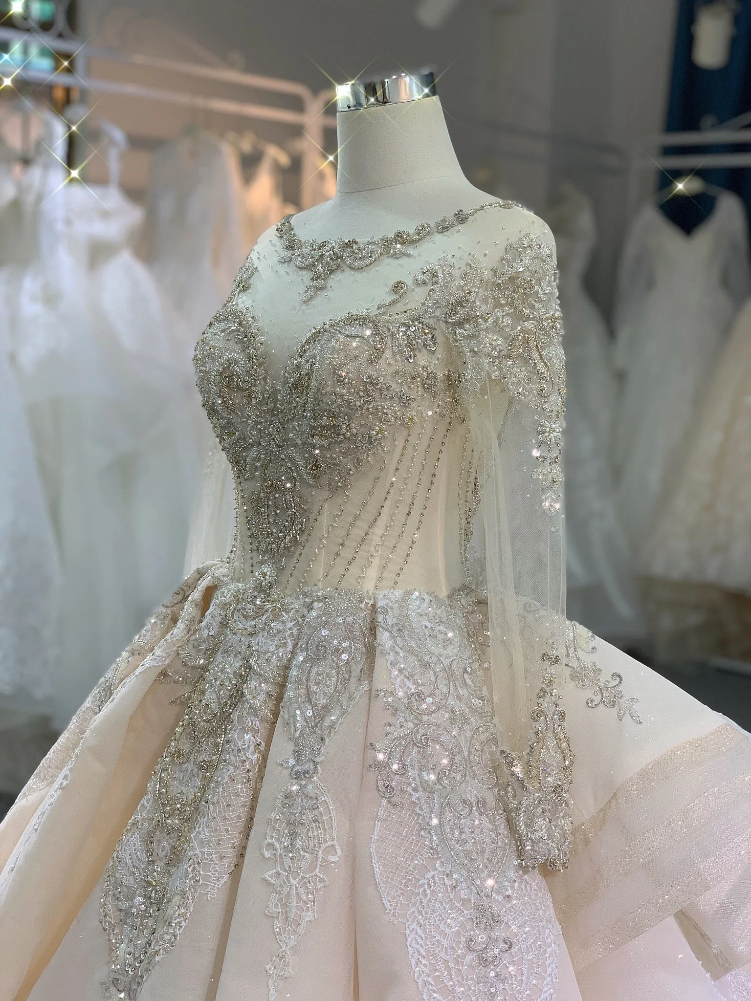 BYG luxury stunning heavy beadings wedding dress with cathedral train
