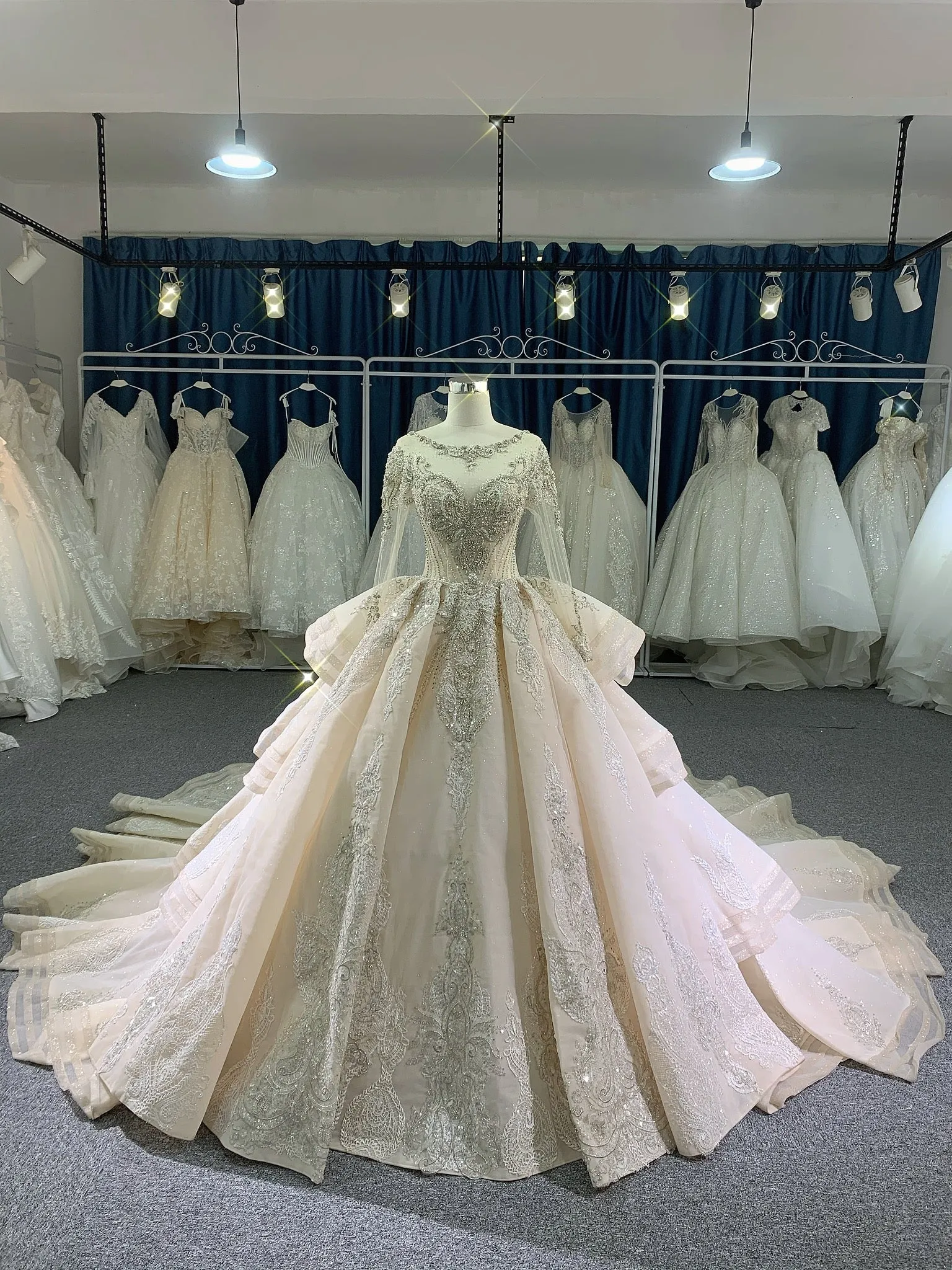 BYG luxury stunning heavy beadings wedding dress with cathedral train
