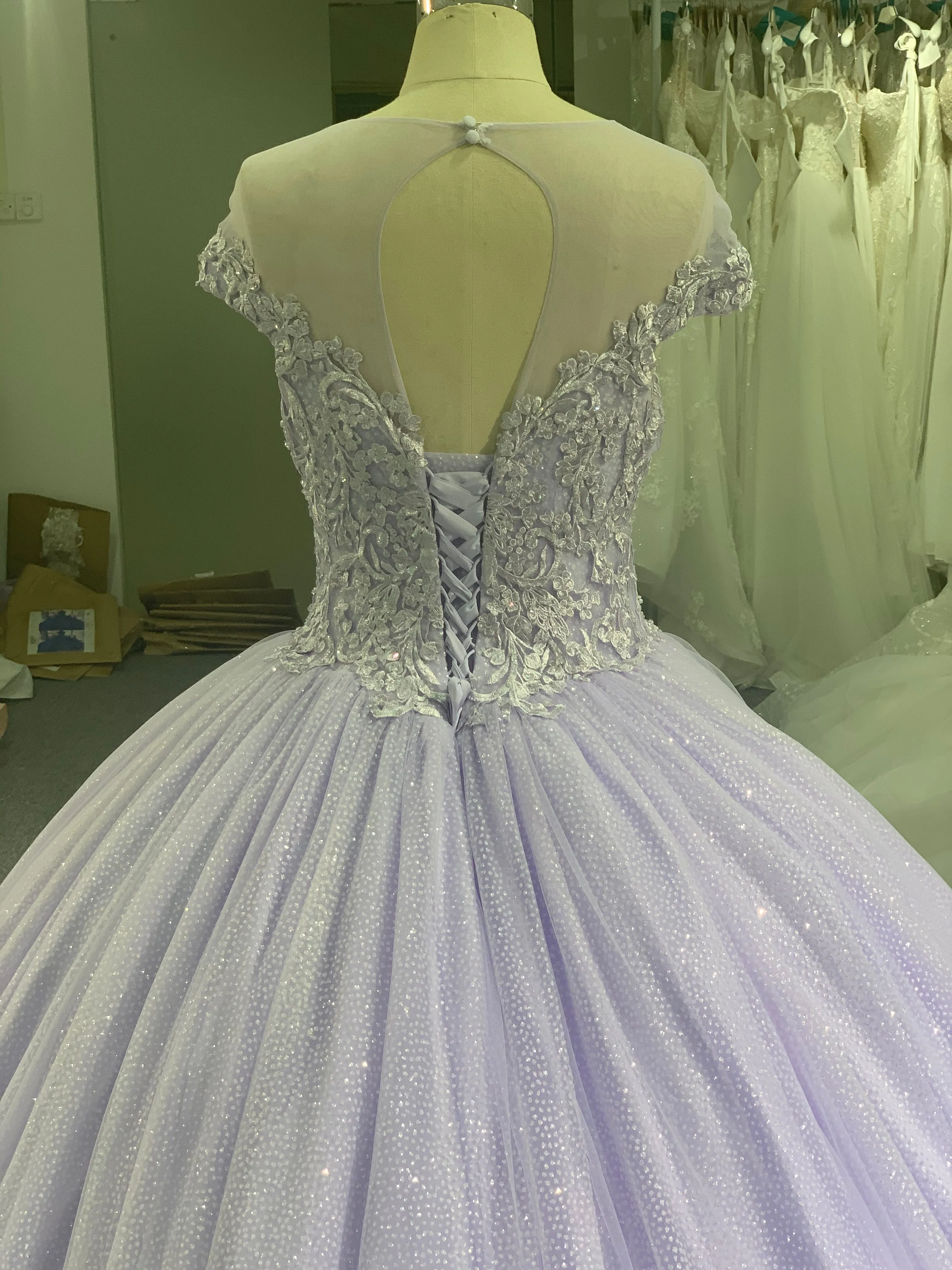 BYG off the shoulder wedding dress in purple