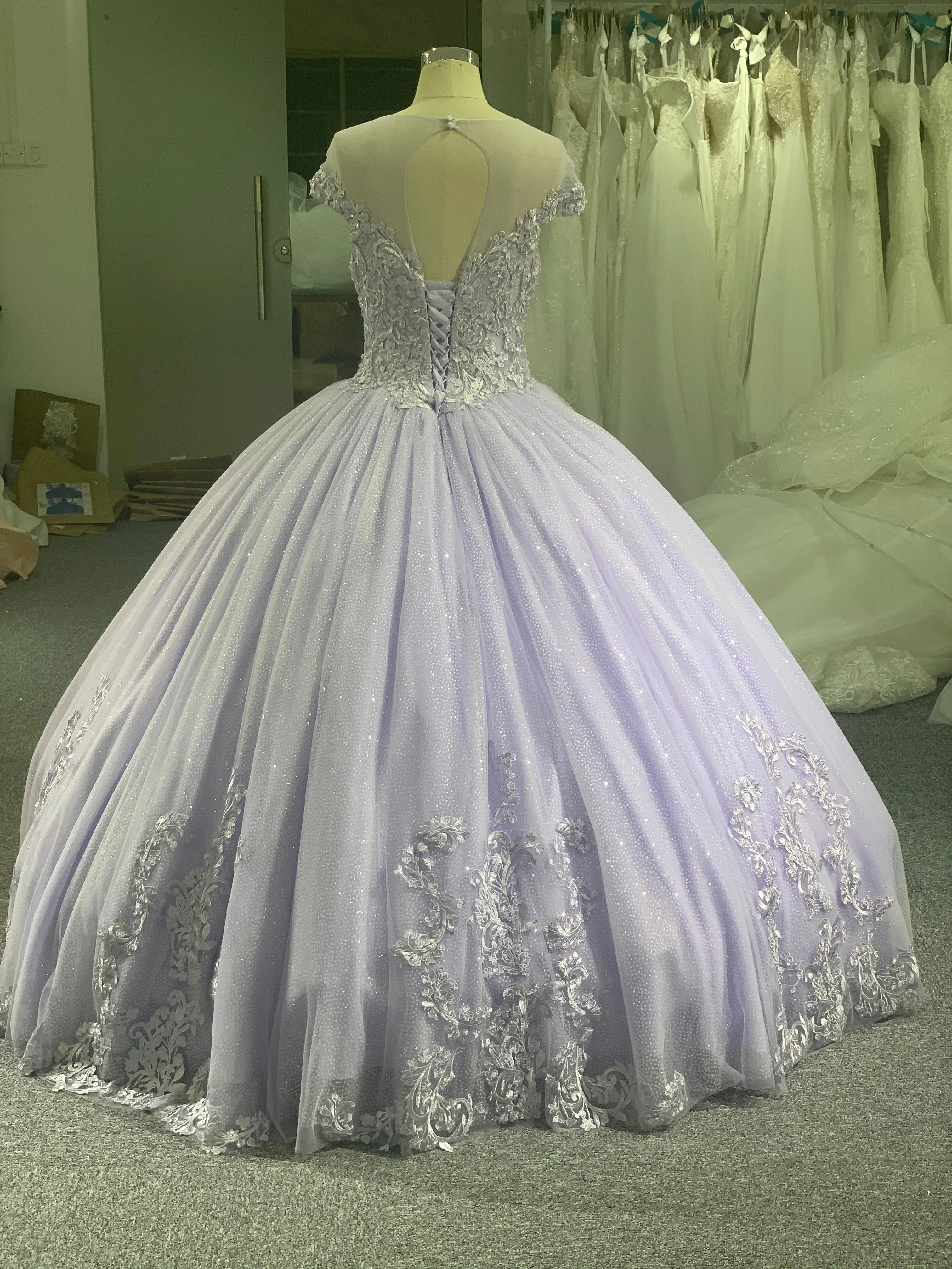 BYG off the shoulder wedding dress in purple