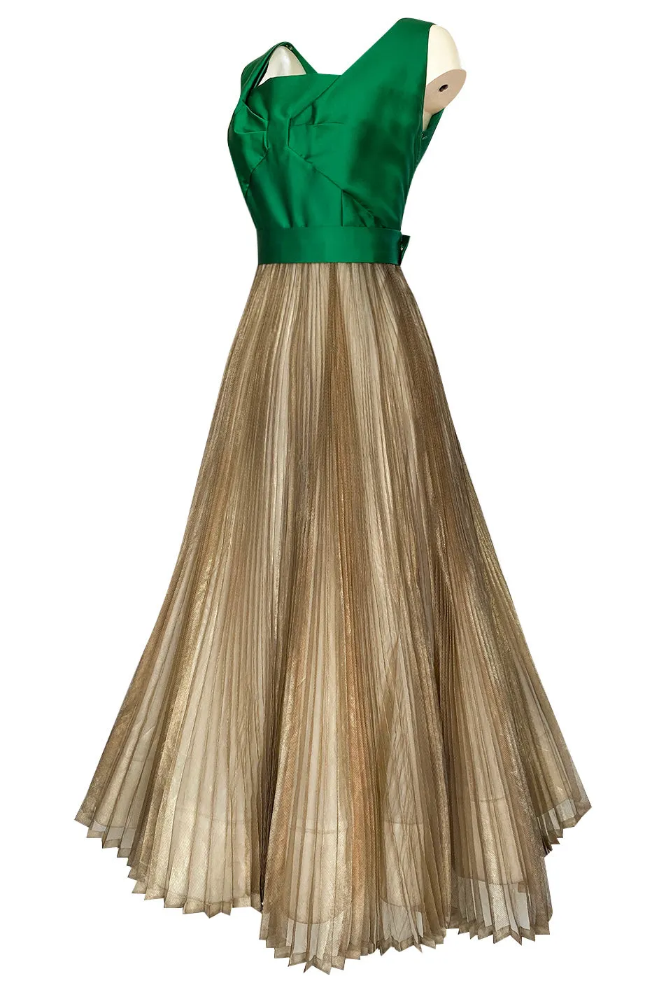c.1954 Jeanne Lanvin Castillo Haute Couture Emerald & Gold Organza Dress