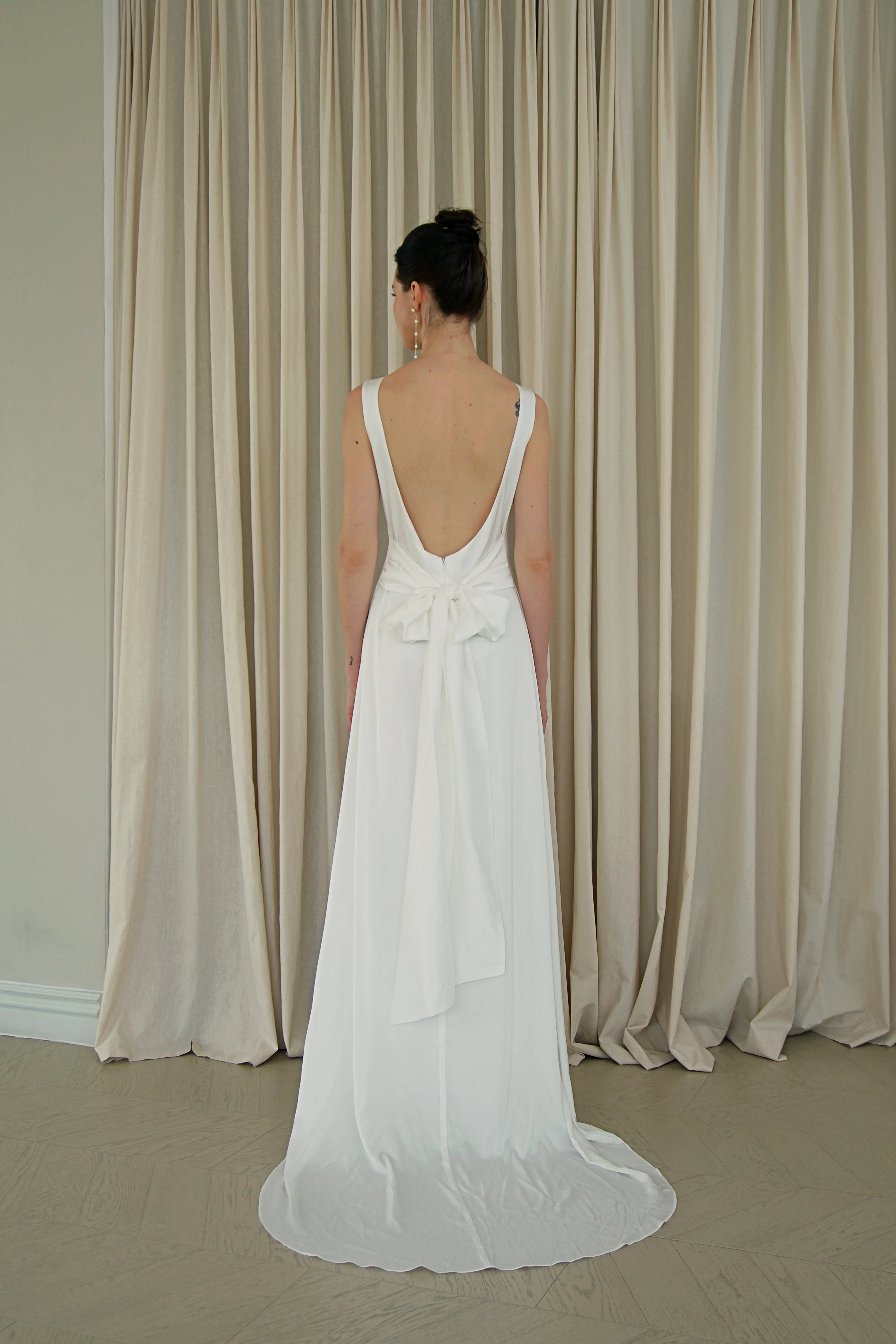 Camelia Boatneck Open Back Gown