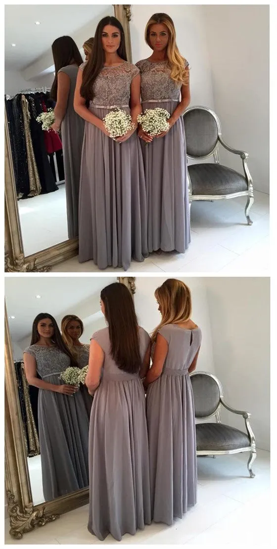 Cap Sleeve Lace Grey Floor-Length Wedding Guest Dresses, BG51287