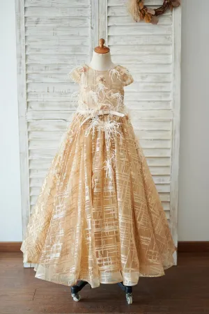 Cap Sleeves V Back Gold Sequin Tulle Wedding Flower Girl Dress