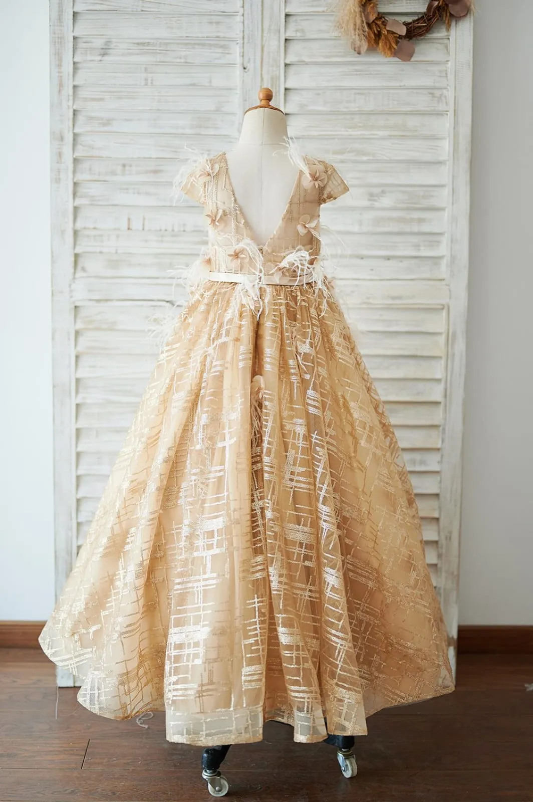 Cap Sleeves V Back Gold Sequin Tulle Wedding Flower Girl Dress