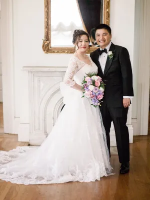 Carmen - Selena Huan French Floral Lace illusion long-sleeves detachable train ball gown