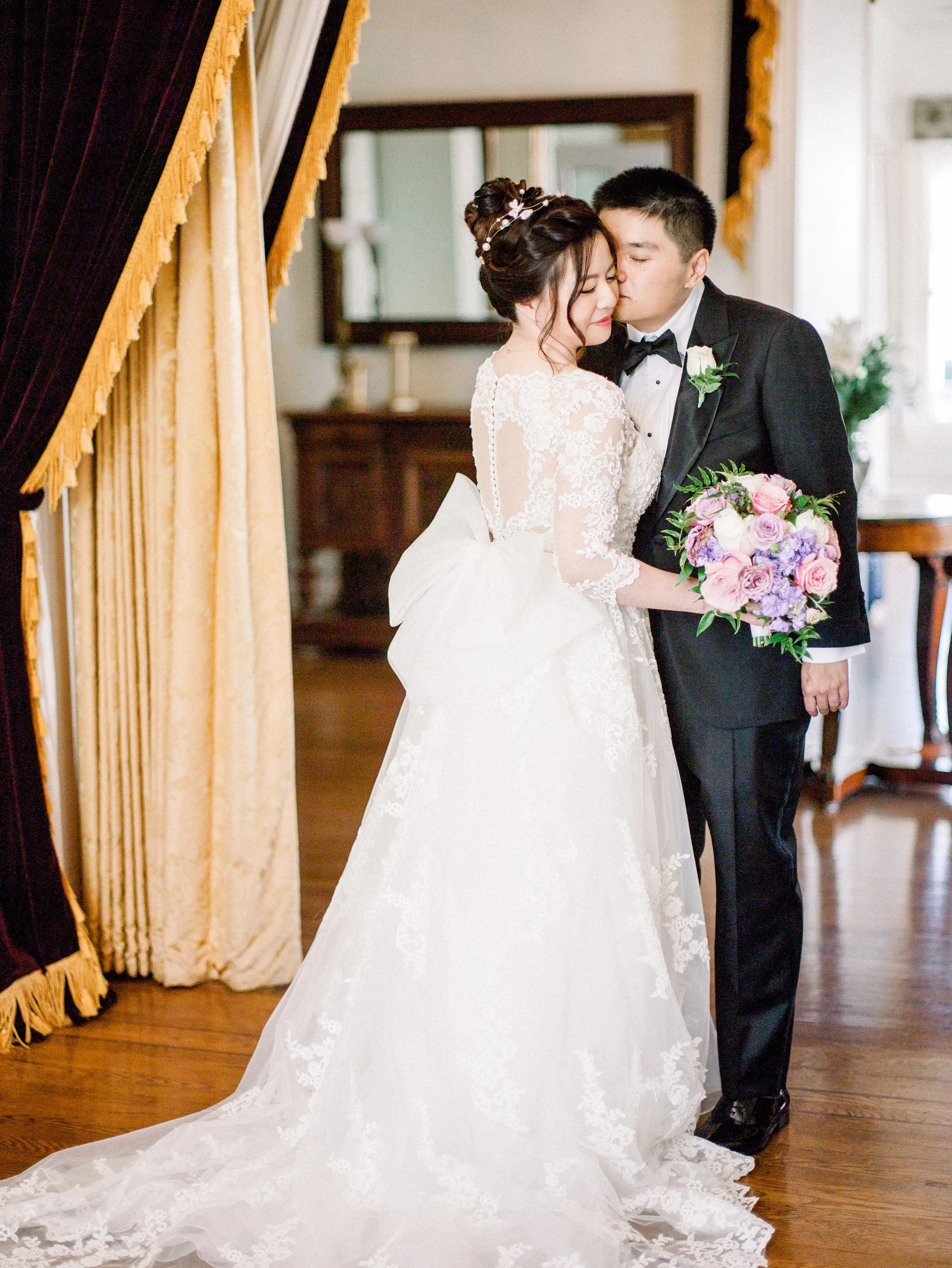 Carmen - Selena Huan French Floral Lace illusion long-sleeves detachable train ball gown