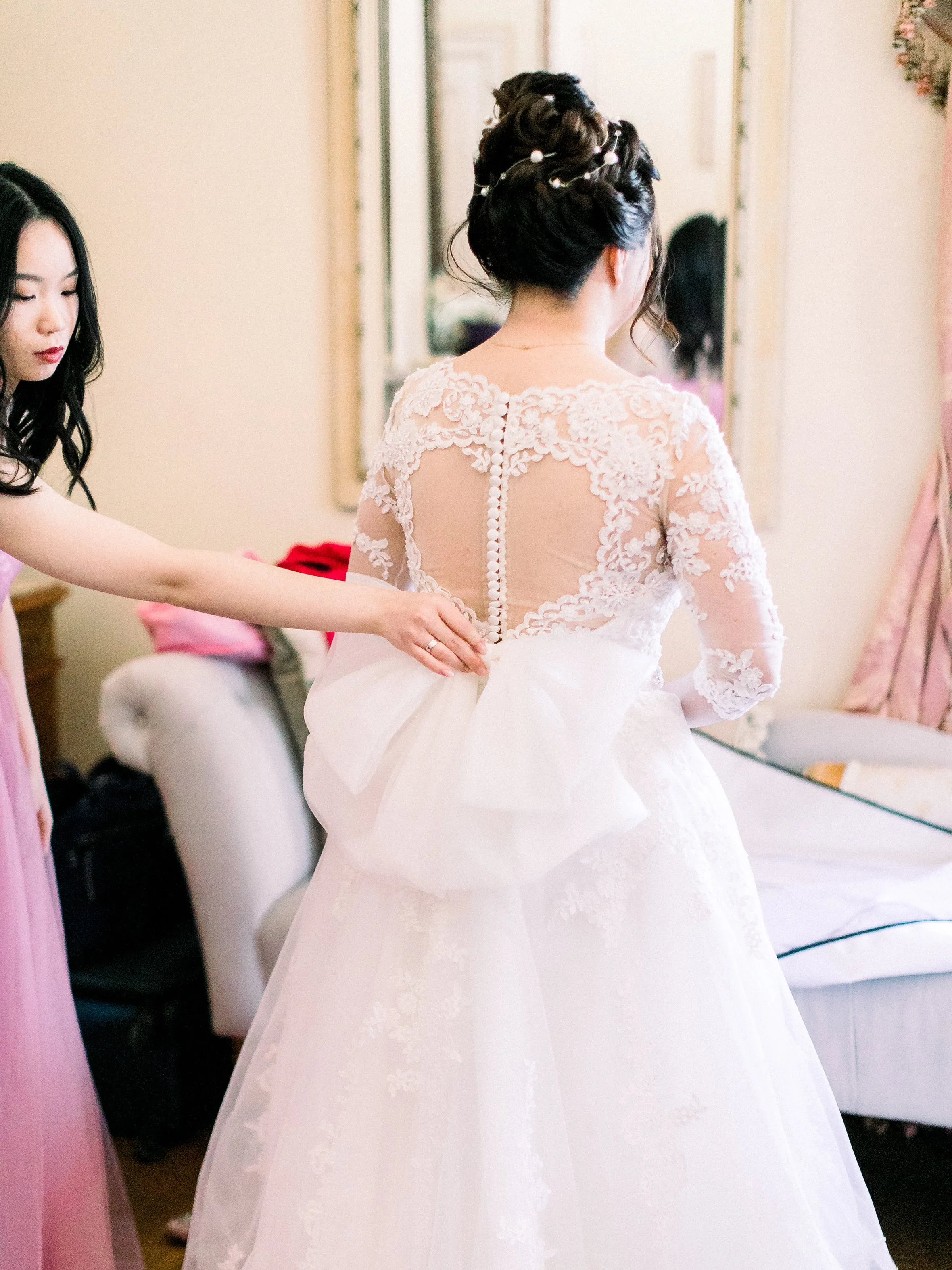 Carmen - Selena Huan French Floral Lace illusion long-sleeves detachable train ball gown