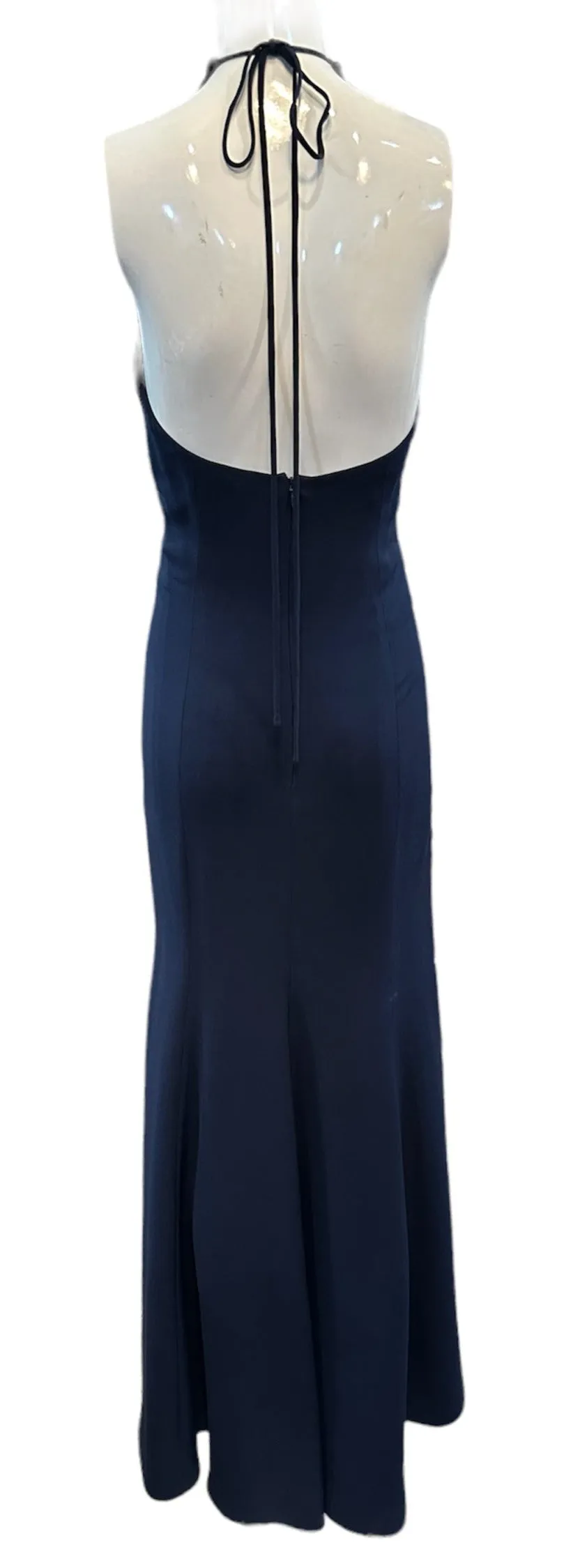 Carolina Herrera 2000s Navy Blue Silk Halter Gown With Pink Floral Applique