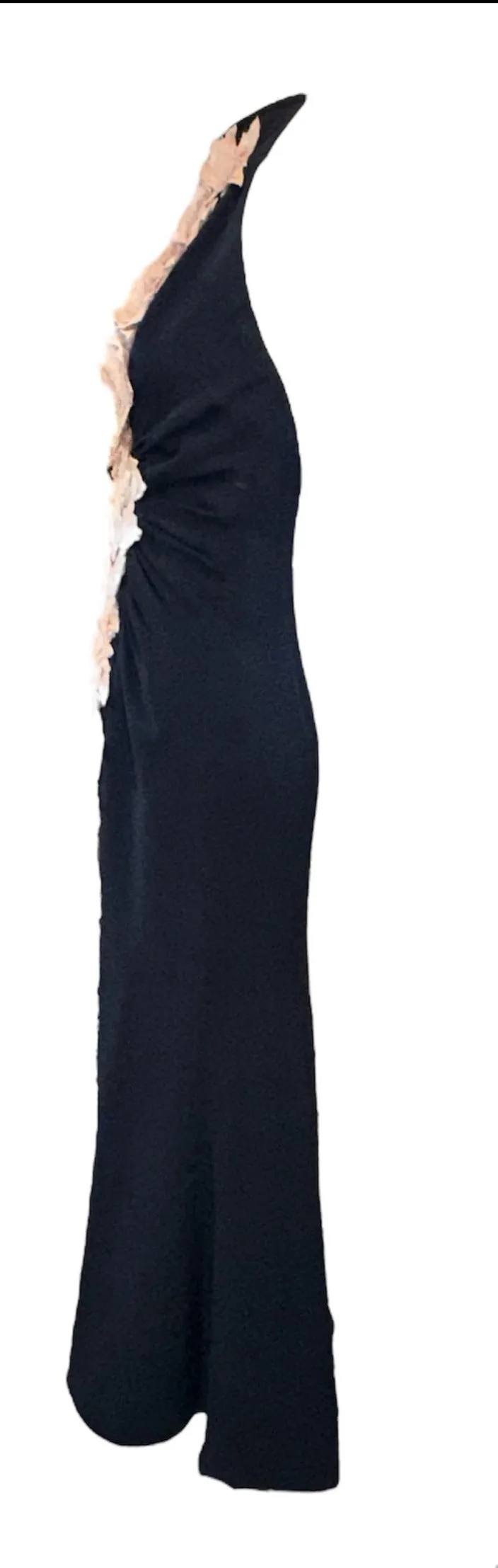 Carolina Herrera 2000s Navy Blue Silk Halter Gown With Pink Floral Applique