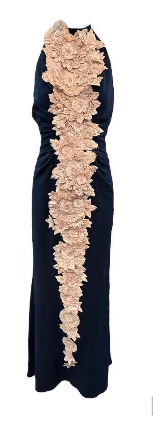 Carolina Herrera 2000s Navy Blue Silk Halter Gown With Pink Floral Applique