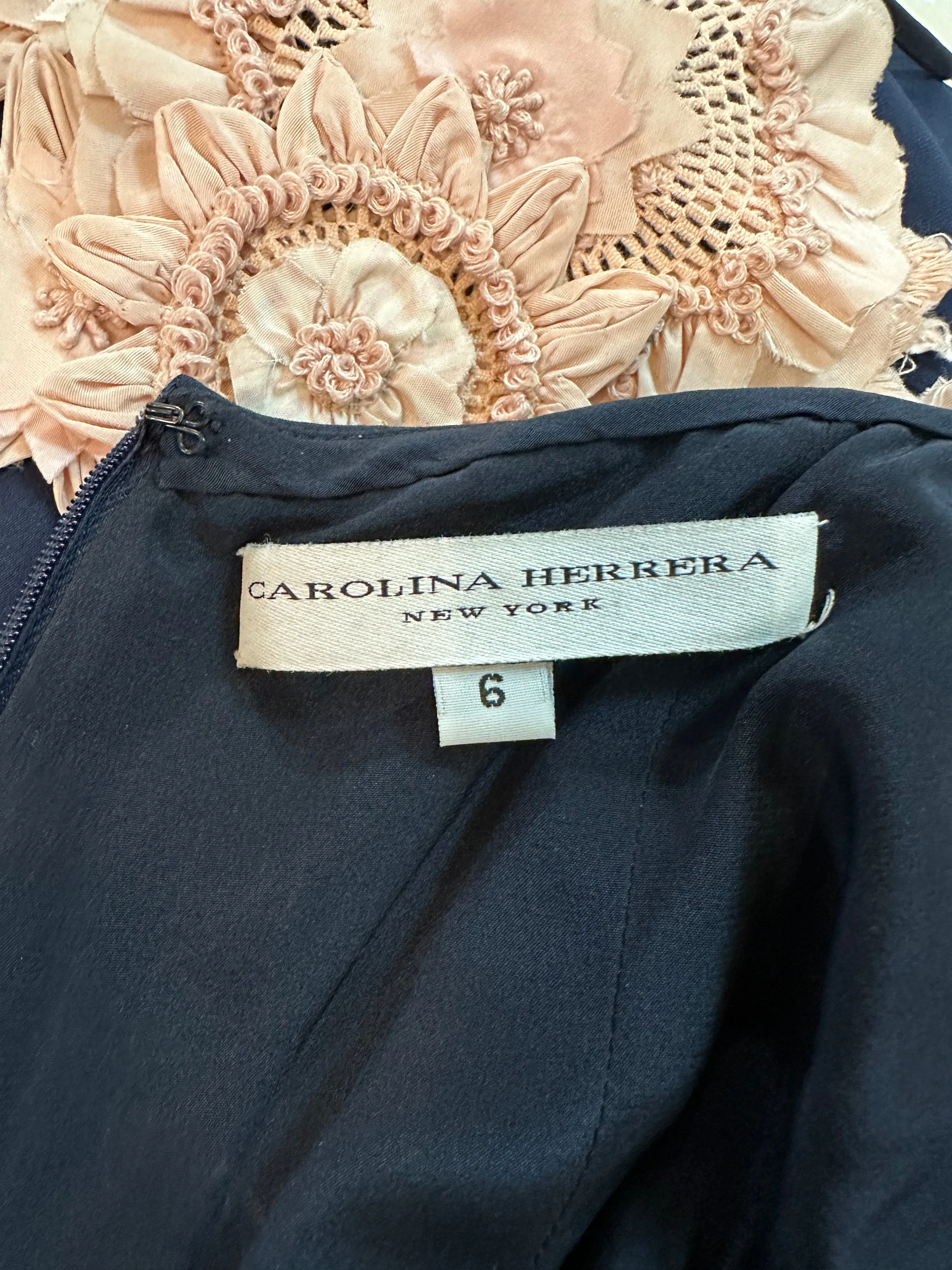 Carolina Herrera 2000s Navy Blue Silk Halter Gown With Pink Floral Applique