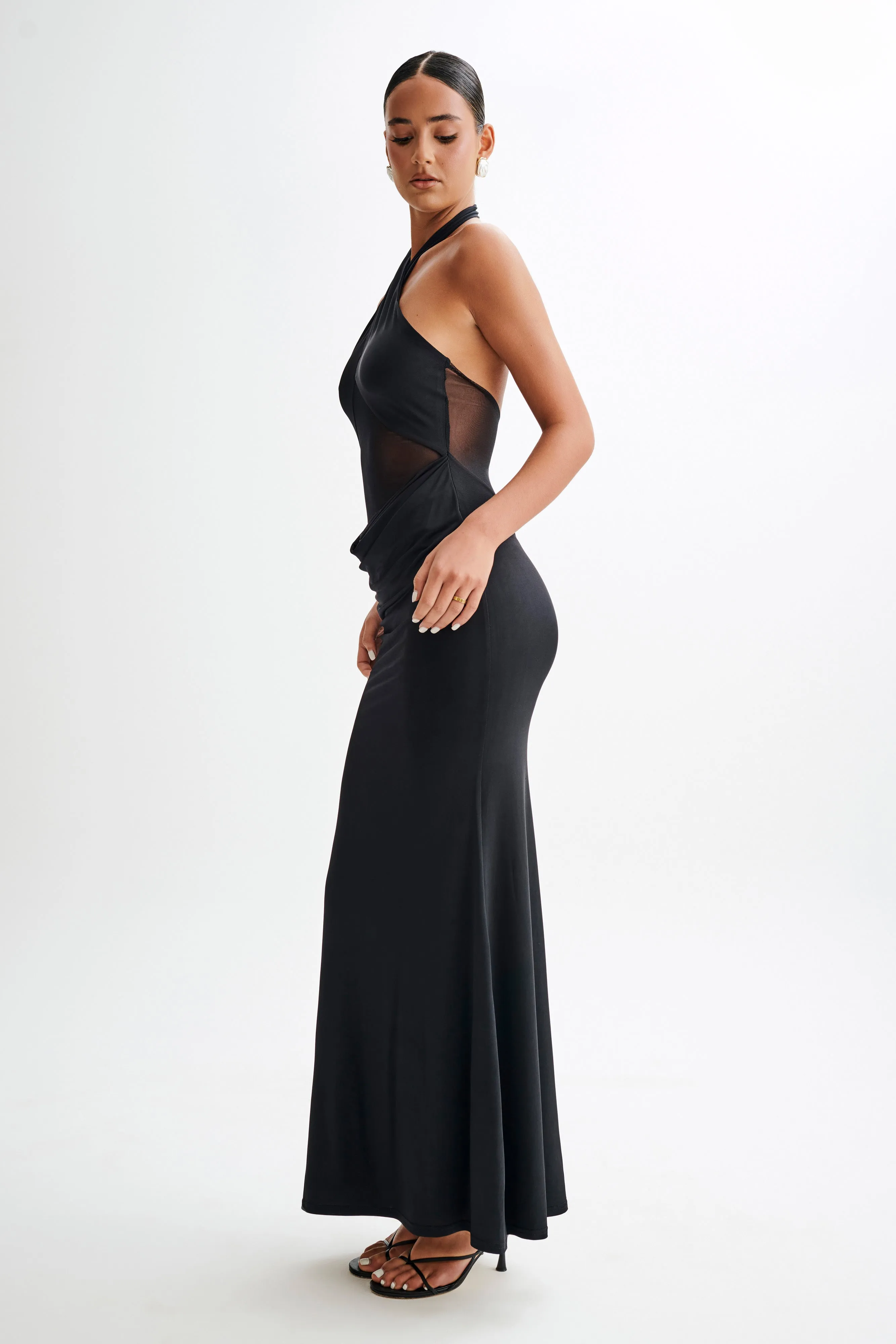Caterina Slinky Mesh Halter Maxi Dress - Black
