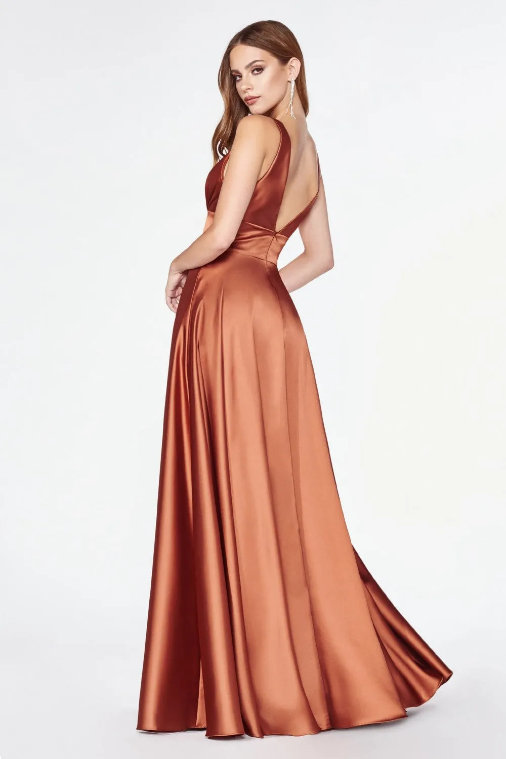 CD 7469 B - A-Line Satin Prom Gown with Pleated V-Neck Bodice Spaghetti Straps & Leg Slit Sizes 16-24