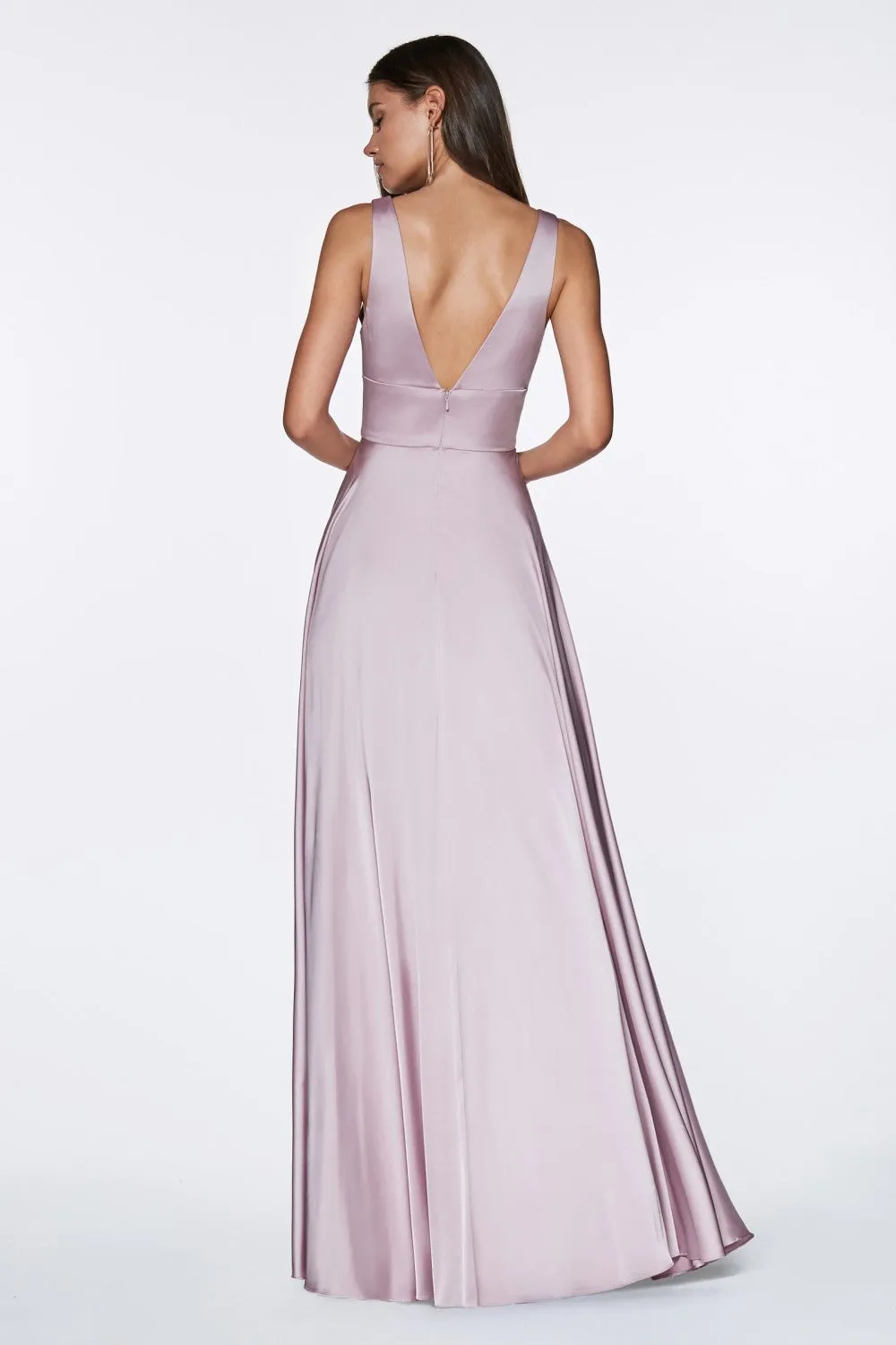 CD 7469 B - A-Line Satin Prom Gown with Pleated V-Neck Bodice Spaghetti Straps & Leg Slit Sizes 16-24