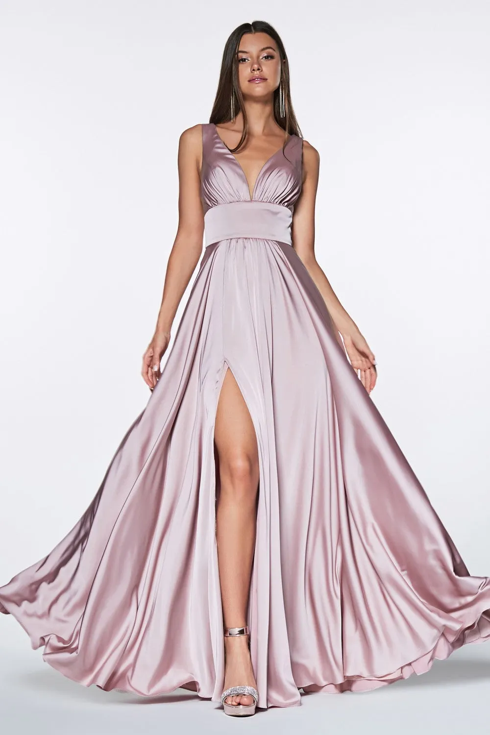 CD 7469 B - A-Line Satin Prom Gown with Pleated V-Neck Bodice Spaghetti Straps & Leg Slit Sizes 16-24