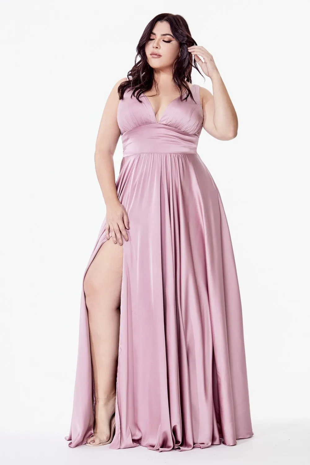 CD 7469 B - A-Line Satin Prom Gown with Pleated V-Neck Bodice Spaghetti Straps & Leg Slit Sizes 16-24